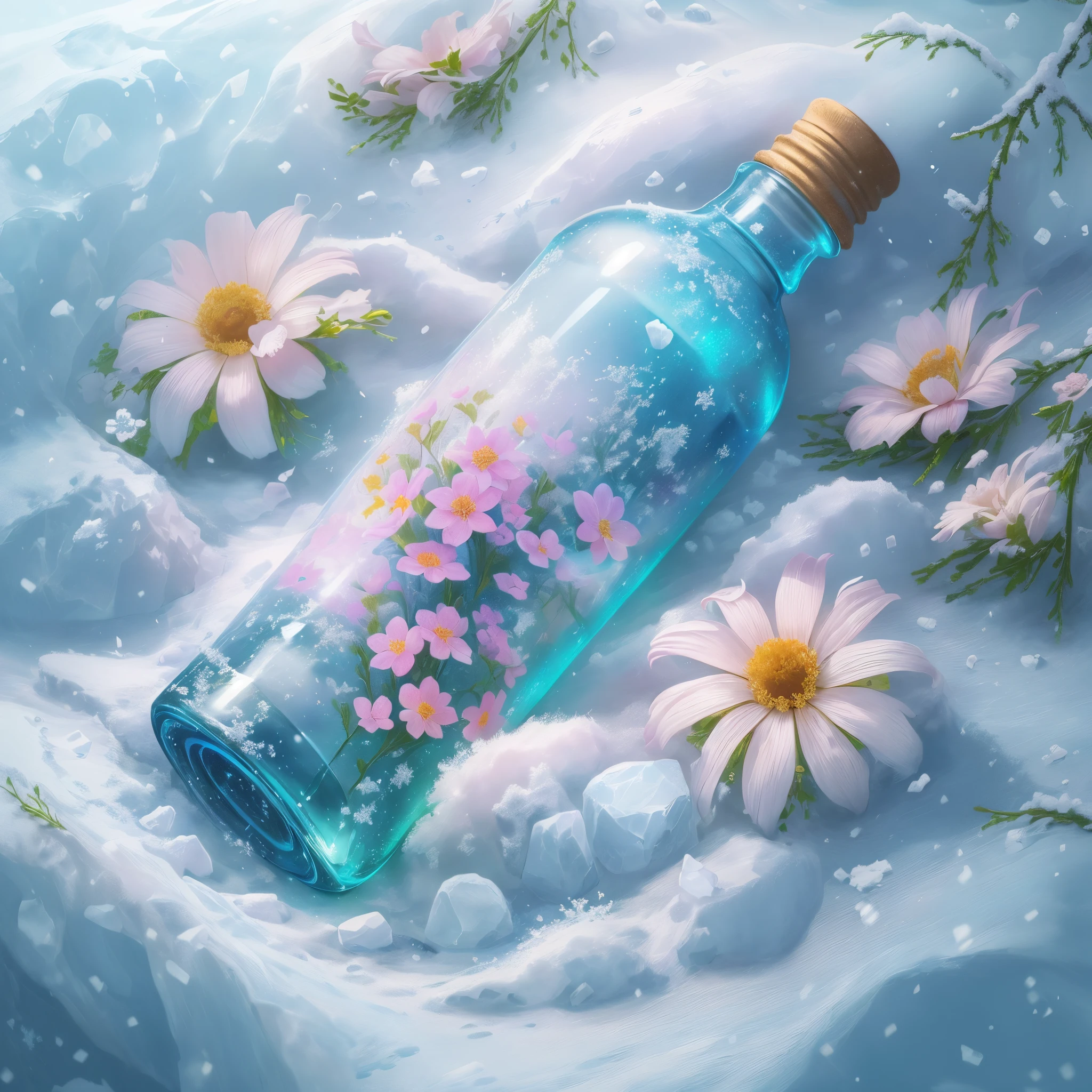 There is a bottle on the snow，There are white snow and snowflakes made of clear crystal inside，digital painting very detailed，highly detailed digital painting，detailed painting 4 k，Anime art wallpaper 4k，Anime art wallpaper 4k，Anime art wallpaper 8K，very detailed digital painting，beautiful digital painting，A beautiful artistic illustration，Beautiful digital artwork，Beautiful Art Ultra HD 4K， very detailed illustration