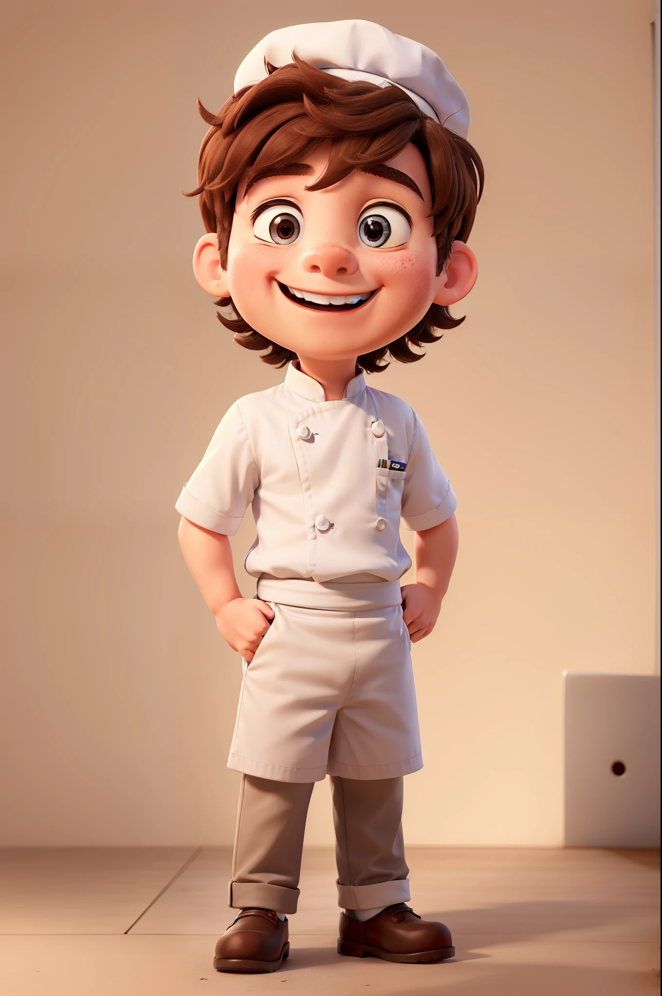 A happy little boy, Wearing a white chef's uniform, wearing white chef hat, He has straight brown hair, clean backdrop