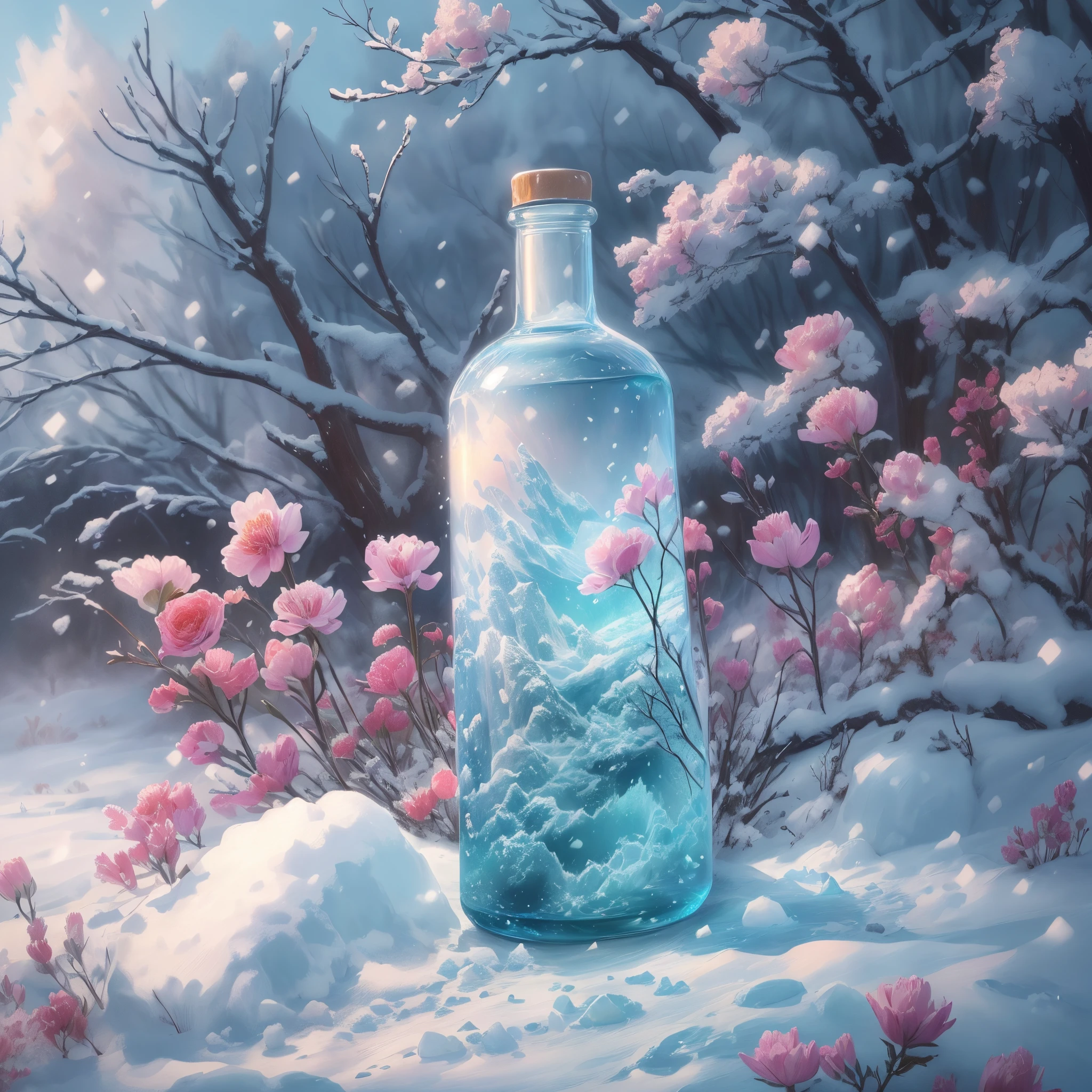 There is a bottle on the snow，There are white snow and snowflakes made of clear crystal inside，digital painting very detailed，highly detailed digital painting，detailed painting 4 k，Anime art wallpaper 4k，Anime art wallpaper 4k，Anime art wallpaper 8K，very detailed digital painting，beautiful digital painting，A beautiful artistic illustration，Beautiful digital artwork，Beautiful Art Ultra HD 4K， very detailed illustration