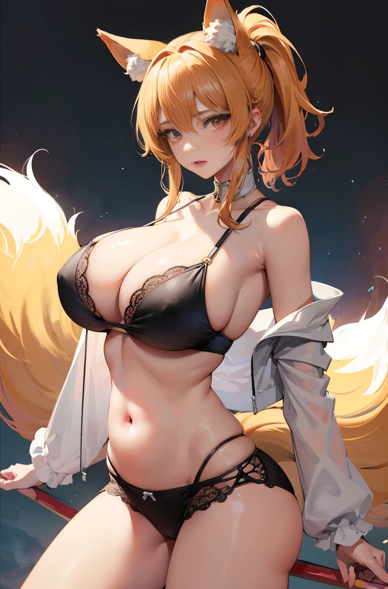 Beautiful Girl,mature face,Mature female,Fluffy hair in a ponytail,Ultra-loose underwear,Clothes slip off,Anterior convex and posterior,straight chest,ruddy complexion,Huge fox tail,bellybutton,(huge tit),adventurer