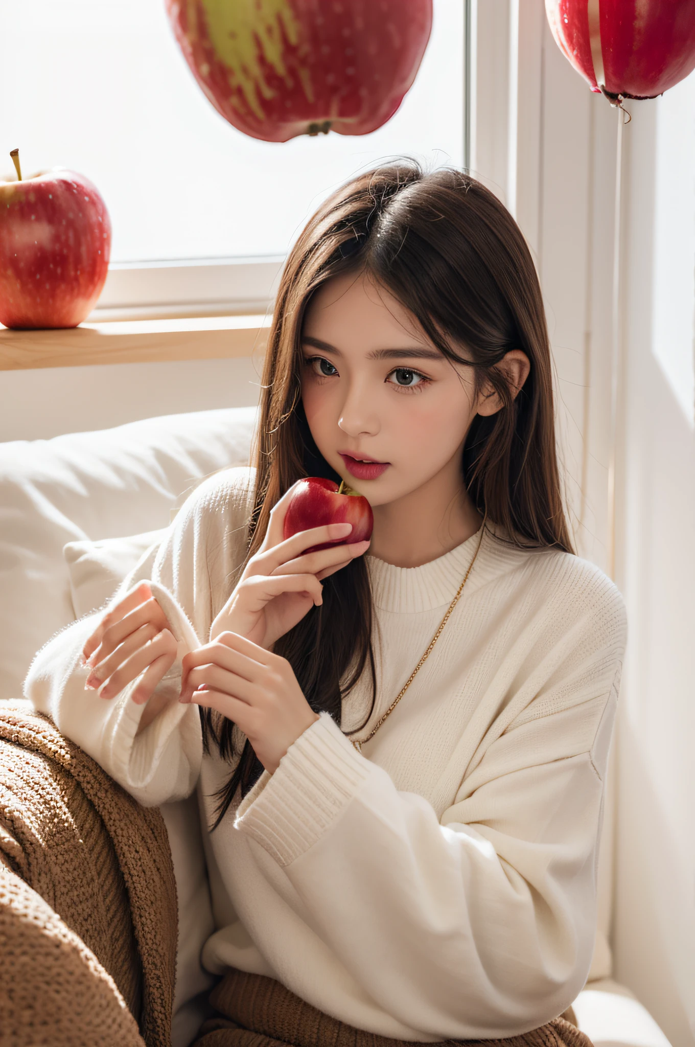 The girl above is eating an apple,Clothes and decorations should be the same