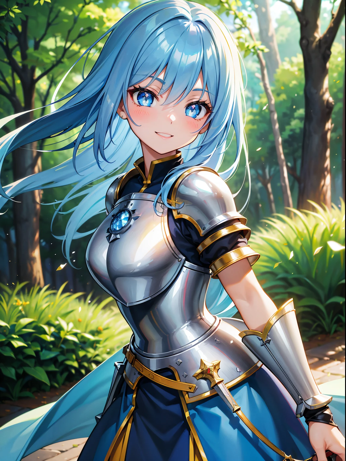 (RAW Photos, Best Quality), (animesque: 1.2), Portrait of an 18 year old woman with blue hair, Blue eyes, (sparkling pupils), Female Knights in Fantasy Worlds, red breastplate mail, yellow dress armor, (daggers), Smiling smile, forested background, Background blur, The depth of field is shallow, Professional Lighting, Photon mapping, Physically Based Rendering,