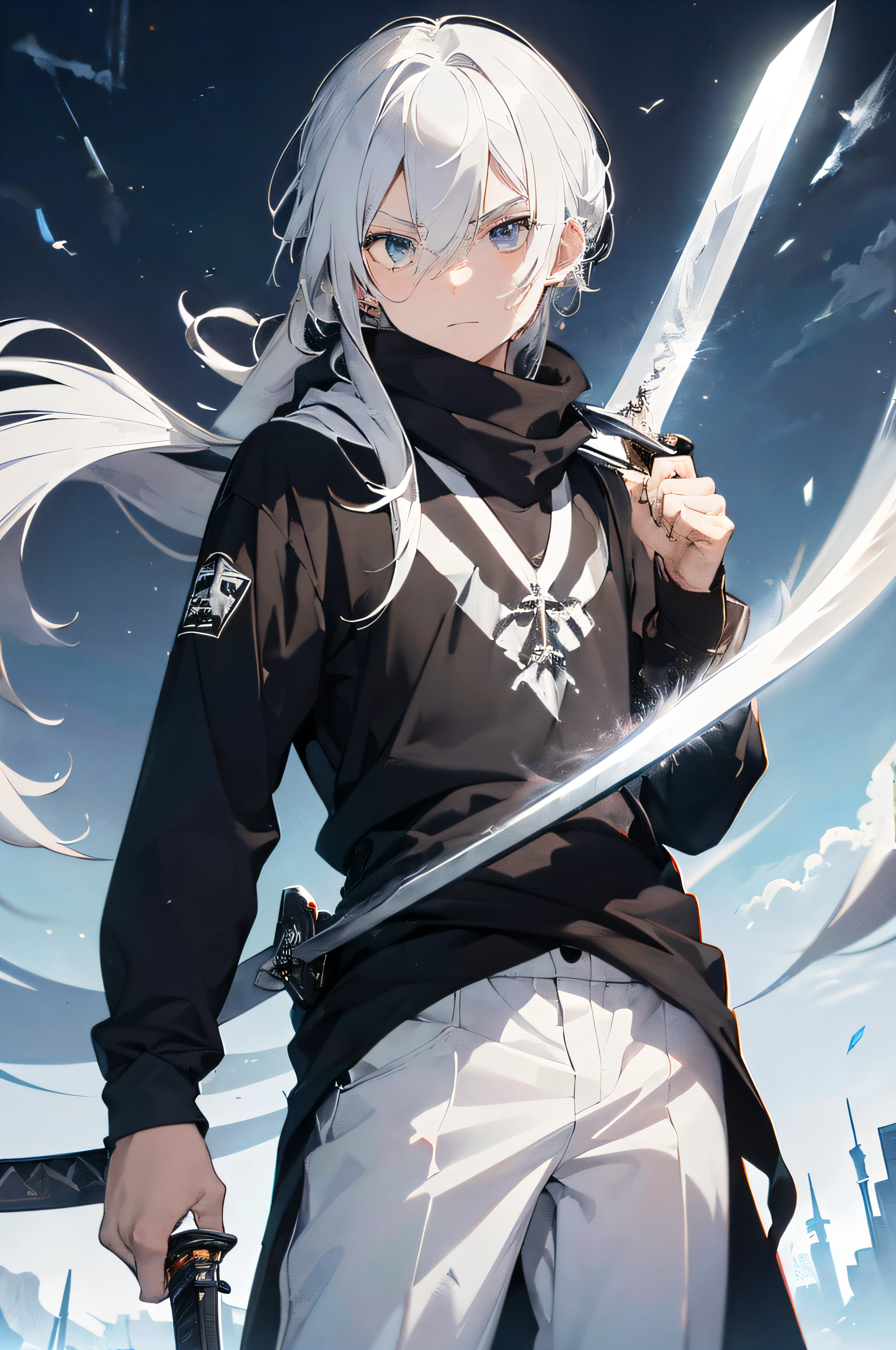 ((masterpiece,bestquality)),A -yeld yo man with white hair, long, messy hair tied back, white eyes, a black doomsday-style long-sleeved shirt, a scarf, and white pants. Looks tired and lazy, cold face, relaxed expression. white effect ((The weapon is a large sword. The blade has a dark black aura.))