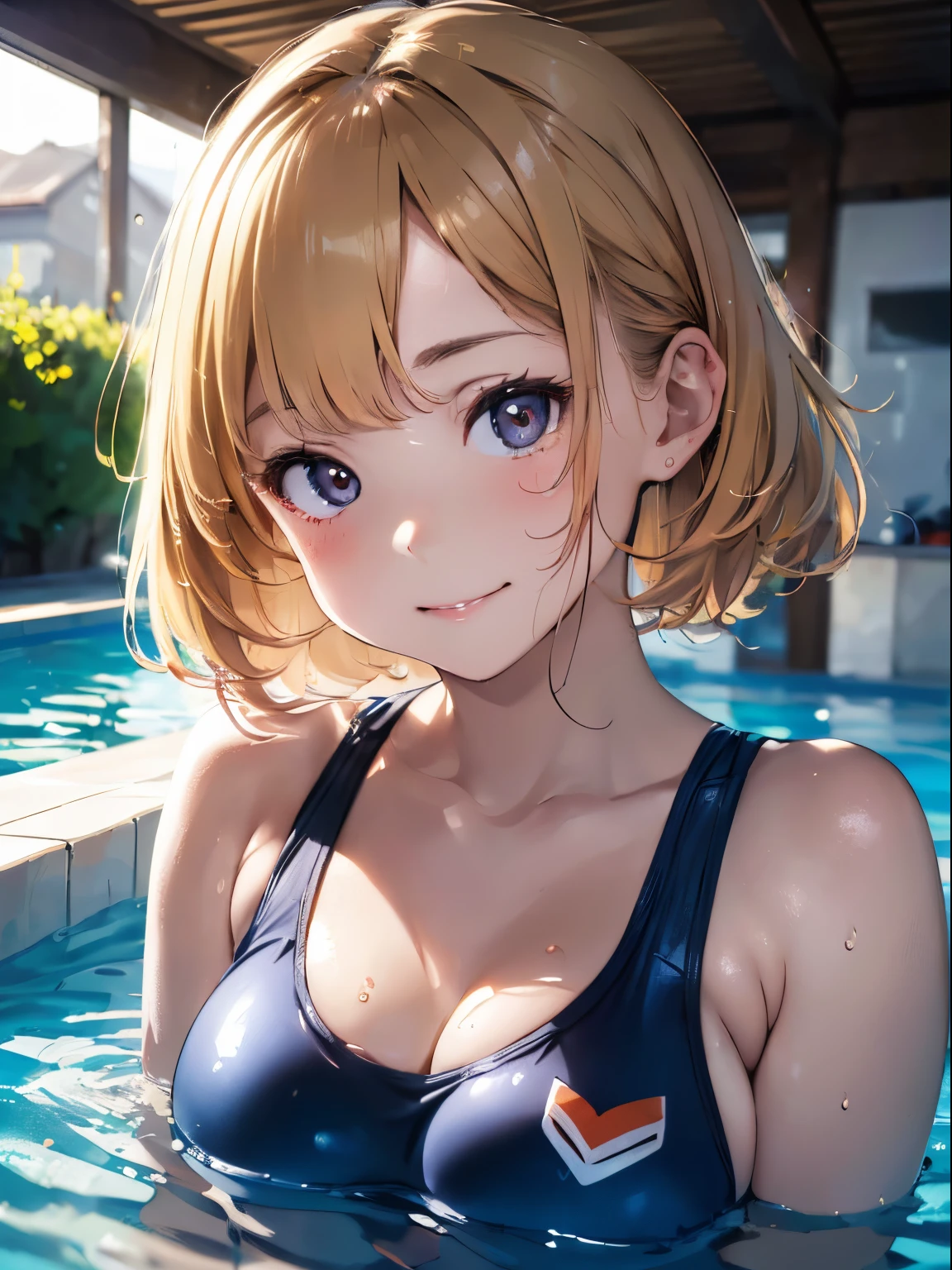 (Best Picture Quality, 4K, High Quality, Masterpiece:1.2), ((Masterpiece)), High Detail, High Quality, (HDR,16k, RAW Beautiful Girl Portrait, Best Picture Quality, Masterpiece:1.2), (Ultra-Definition Illustration), extremely cute, round face, smile, poolside, (blond wavy short hair), swimsuit,