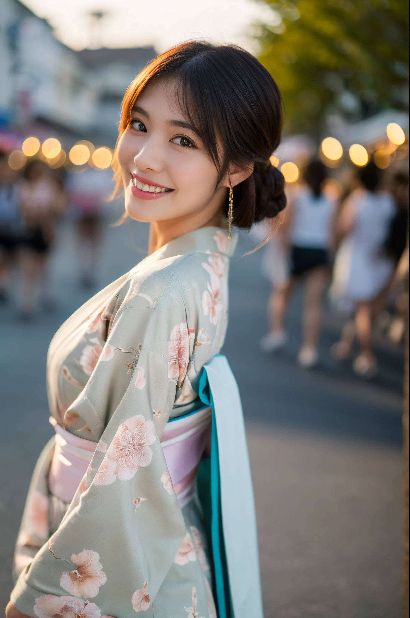 ulzzang -6500-v1.1, (Raw photo:1.2), (Photorealsitic), (Real:1.4), (((of the highest quality, 8K, masutepiece))), Crisp focus, (Beautiful woman with perfect figure), slender, (Hairstyle:   ass hole up)), ((Kimono: CALA)), Street: 1.2 Highly detailed face and skin texture Detailed eyes Double eyelids Random posture, (Smile),Super cute Japan person,Super Beautiful Japan Girl, Realistic face, 二重まぶた,Smile,Summer festival , At sunset ,firework background.