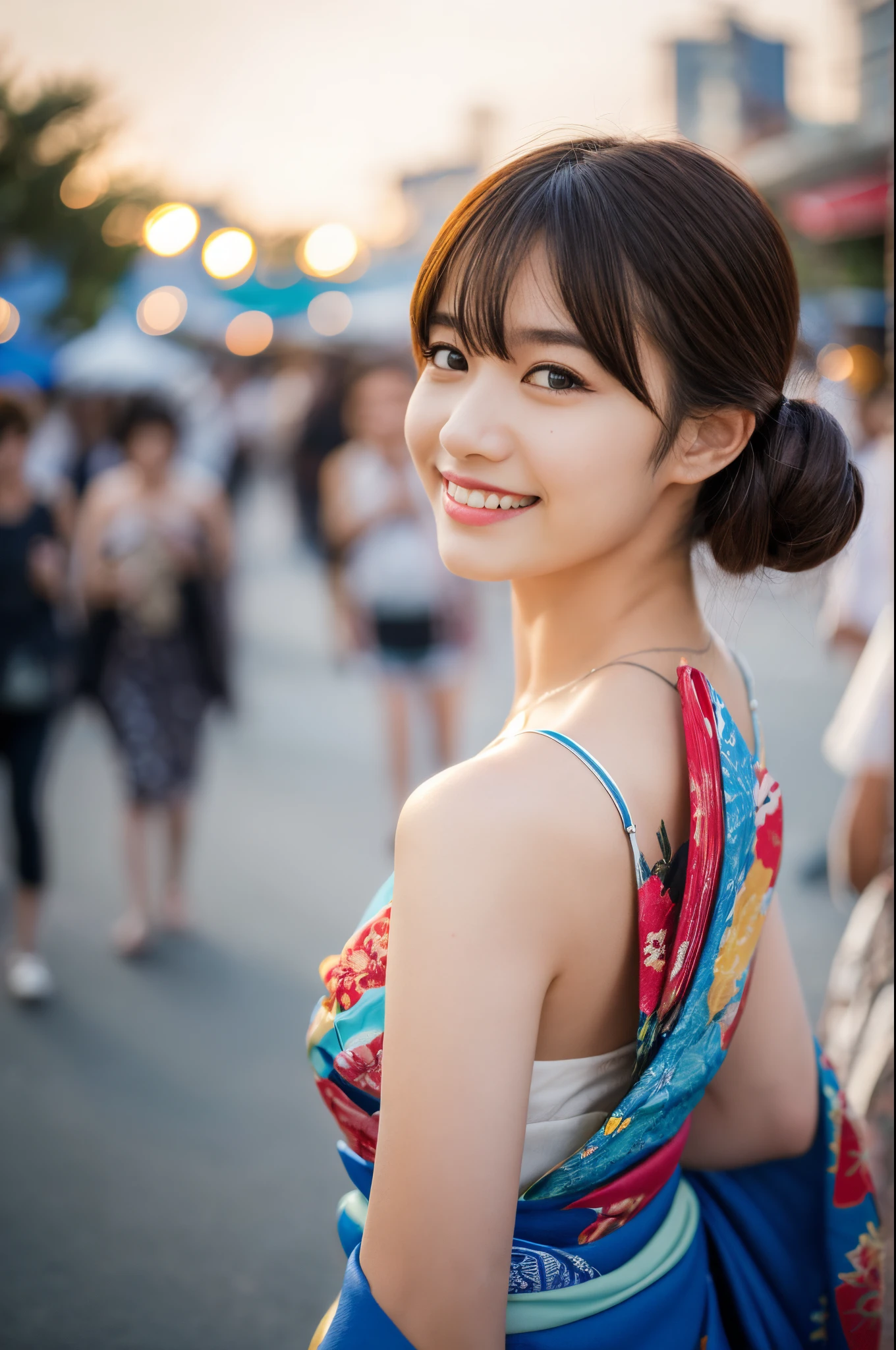 ulzzang -6500-v1.1, (Raw photo:1.2), (Photorealsitic), (Real:1.4), (((of the highest quality, 8K, masutepiece))), Crisp focus, (Beautiful woman with perfect figure), slender, (Hairstyle:   ass hole up)), ((Kimono: CALA)), Street: 1.2 Highly detailed face and skin texture Detailed eyes Double eyelids Random posture, (Smile),Super cute Japan person,Super Beautiful Japan Girl, Realistic face, 二重まぶた,Smile,Summer festival , At sunset ,firework background.