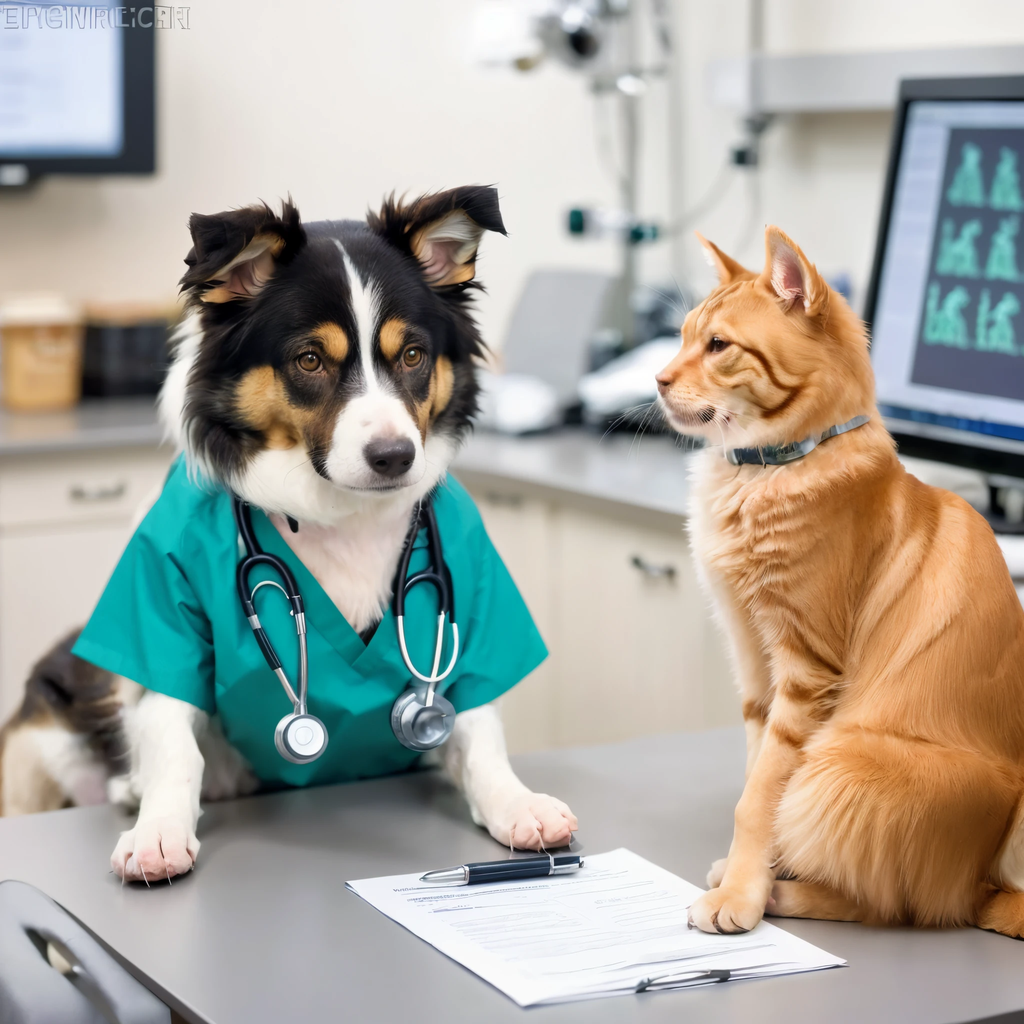 cinematic scene of a Zwergspitz dog dressed as a doctor in a veterinary office taking care of a cat. Shallow depth of field, vignette, highly detailed, high budget, bokeh, Cinemascope, moody, epic, gorgeous, film grain, grainy