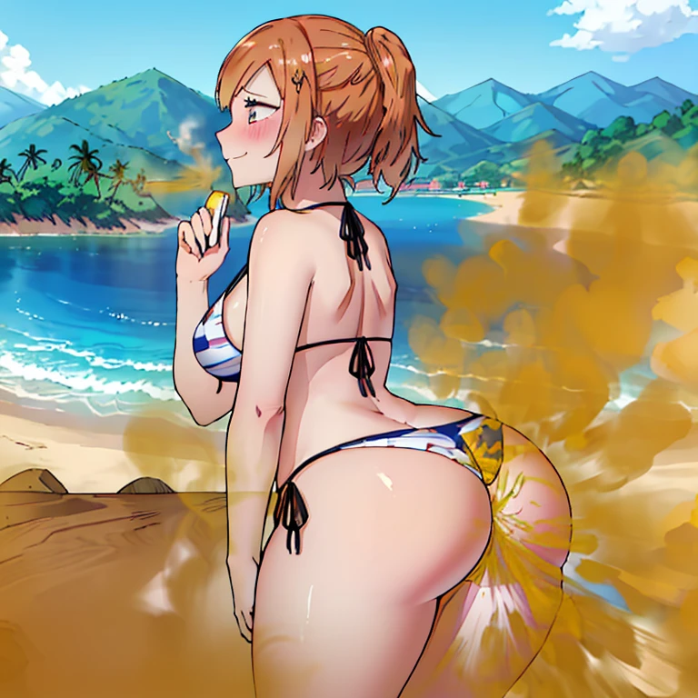 ((kugisaki nobara)),((velocity)),Yellow smoke,Attacked by farts, (((Women stand)),velocity,(Yellow smoke is rising),i'i'i'i'i'i'beach)),((One Woman)),((A girl smells a fart and smiled faintly)),((fart while saw a view of sea)),((wear bikini)),((blushing)),best quality,detailed,masterpiece:1.2、top-quality)、(the Extremely Detailed CG Unity 8K Wallpapers、ultra-detailliert、Best Shadows)、(细致背景)、(The best lighting、extremely delicate and beautiful)、depth of fields、1girl in、独奏、looking arround her,,Ephemeral,,(brownhair),(ponytail)),((((Girl is embarassed when she smells the bad smell of farts)))),,((((profile facing diagonally)))),((i'I closed my mouth with hand feel embarassed...)),(()),((embarassing look)),((massive fart)),((fart text))