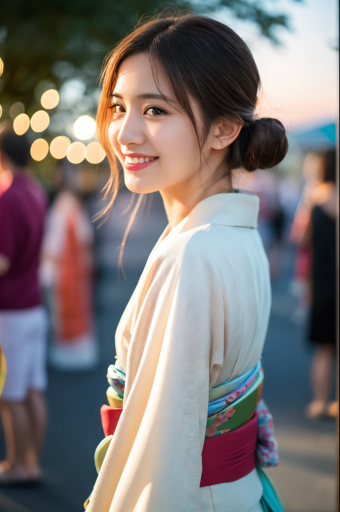 ulzzang -6500-v1.1, (Raw photo:1.2), (Photorealsitic), (Real:1.4), (((of the highest quality, 8K, masutepiece))), Crisp focus, (Beautiful woman with perfect figure), slender, (Hairstyle: ass hole up)), ((Kimono: CALA)), Street: 1.2 Highly detailed face and skin texture Detailed eyes Double eyelids Random posture, (Smile),Super cute Japan person,Super Beautiful Japan Girl, Realistic face, 二重まぶた,Smile,Summer festival , At sunset ,firework background.