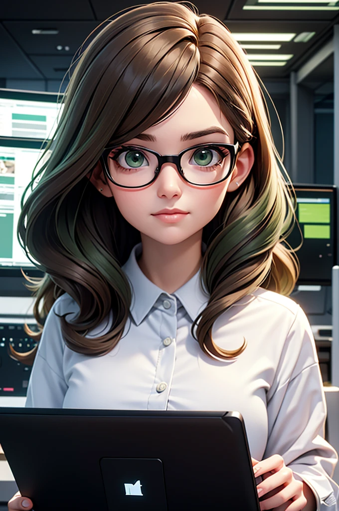 A 25-year-old woman, systems analyst with short wavy brown hair, diamond face, and moss green eyes, wearing glasses, in a room with a computer, a hacker
