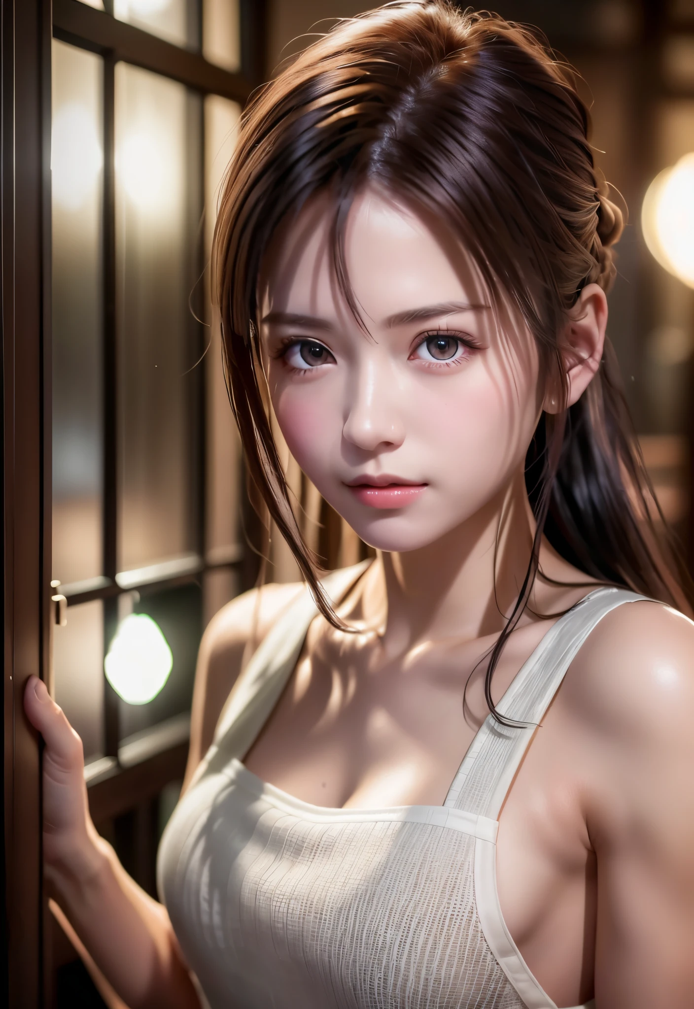 8K, of the highest quality, masutepiece:1.2), (Realistic, Photorealsitic:1.37), of the highest quality, masutepiece, Beautiful young woman, Pensive expression, Gentle eyes, Apron naked、full of shyness、Hair tied back, Messy mood, Cinematic background, Light skin tone