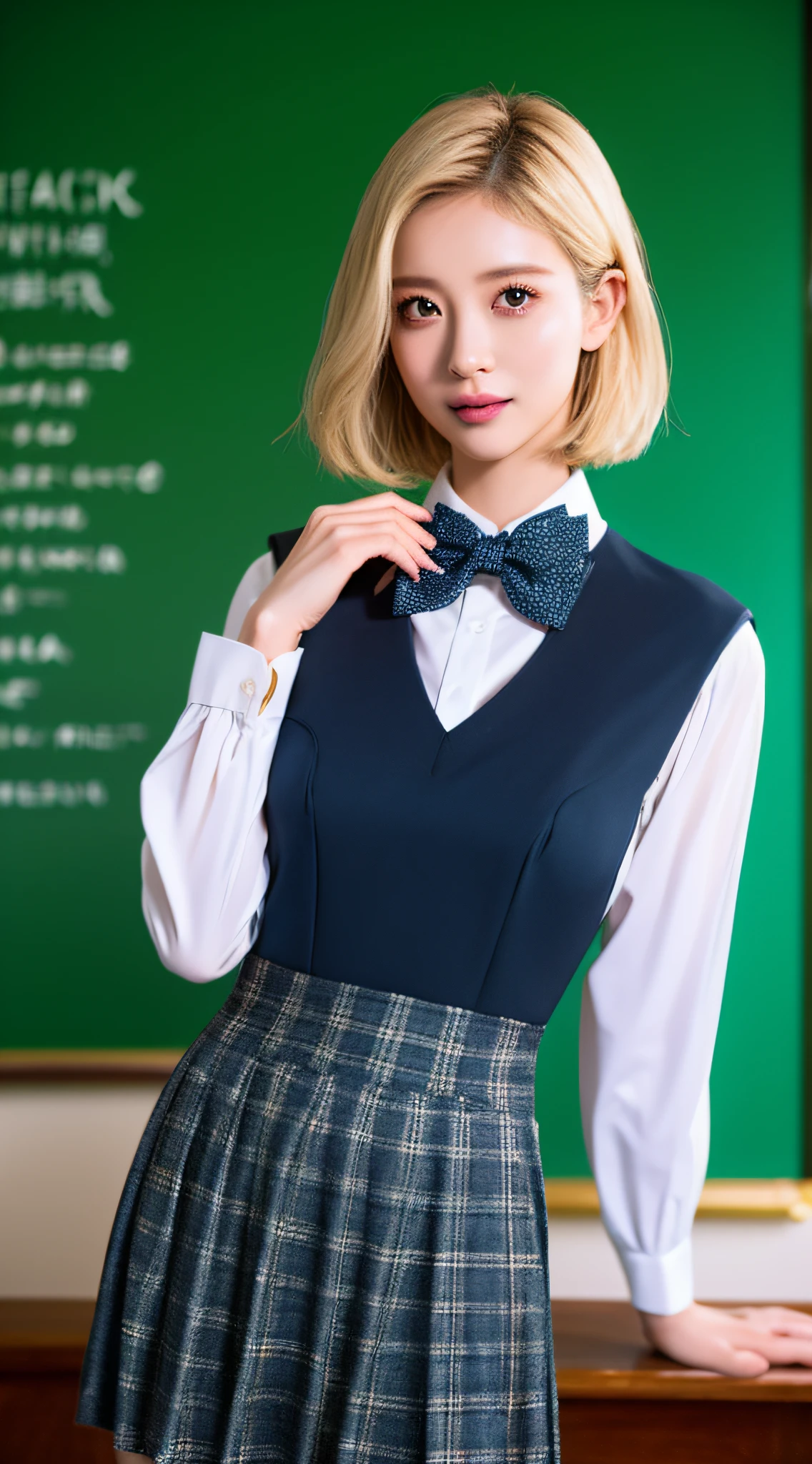 The blonde,Short hair details,JK school uniform,Classroom,In front of the blackboard,Sexy pose photo realistic, 动态照明, art stations, poster for, Volumetriclighting, The facial details are particularly rich, 4K, Award-winning, 1 girl in, In the dark night, Depth shadows, humble, 校服, eye glass, (Formal attire: 1.4), Long gray hair,The focus should be on their meticulous eyes, Open lips, and faces (beautidful eyes, beautiful detailed lips, Extremely detailed eyes and face, Long eyelashes) Ensures the resulting image reflects its true beauty. Lighting should enhance the overall atmosphere, Create a realistic and captivating scene.