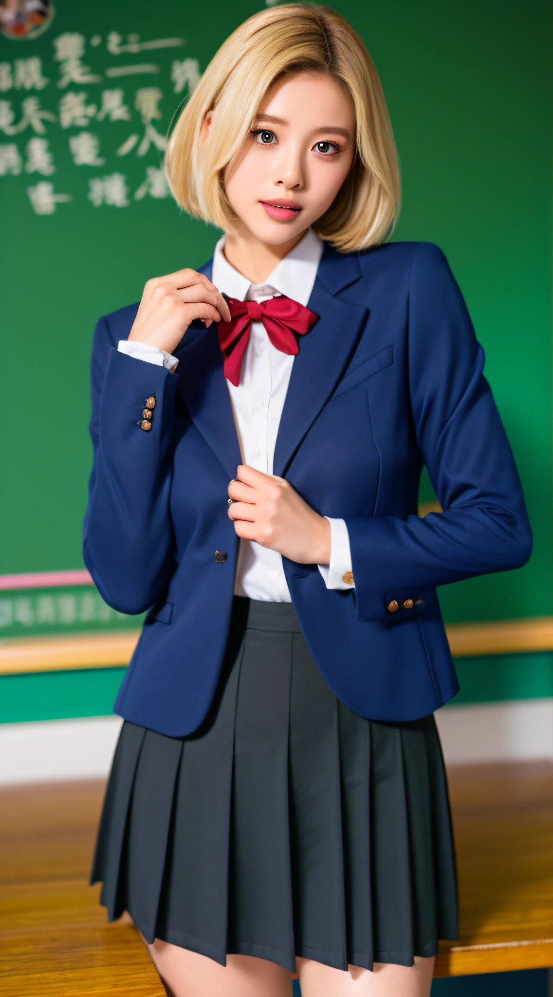 The blonde,Short hair details,JK school uniform,Classroom,In front of the blackboard,Sexy pose photo realistic, 动态照明, art stations, poster for, Volumetriclighting, The facial details are particularly rich, 4K, Award-winning, 1 girl in, In the dark night, Depth shadows, humble, 校服, eye glass, (Formal attire: 1.4), Long gray hair,The focus should be on their meticulous eyes, Open lips, and faces (beautidful eyes, beautiful detailed lips, Extremely detailed eyes and face, Long eyelashes) Ensures the resulting image reflects its true beauty. Lighting should enhance the overall atmosphere, Create a realistic and captivating scene.
