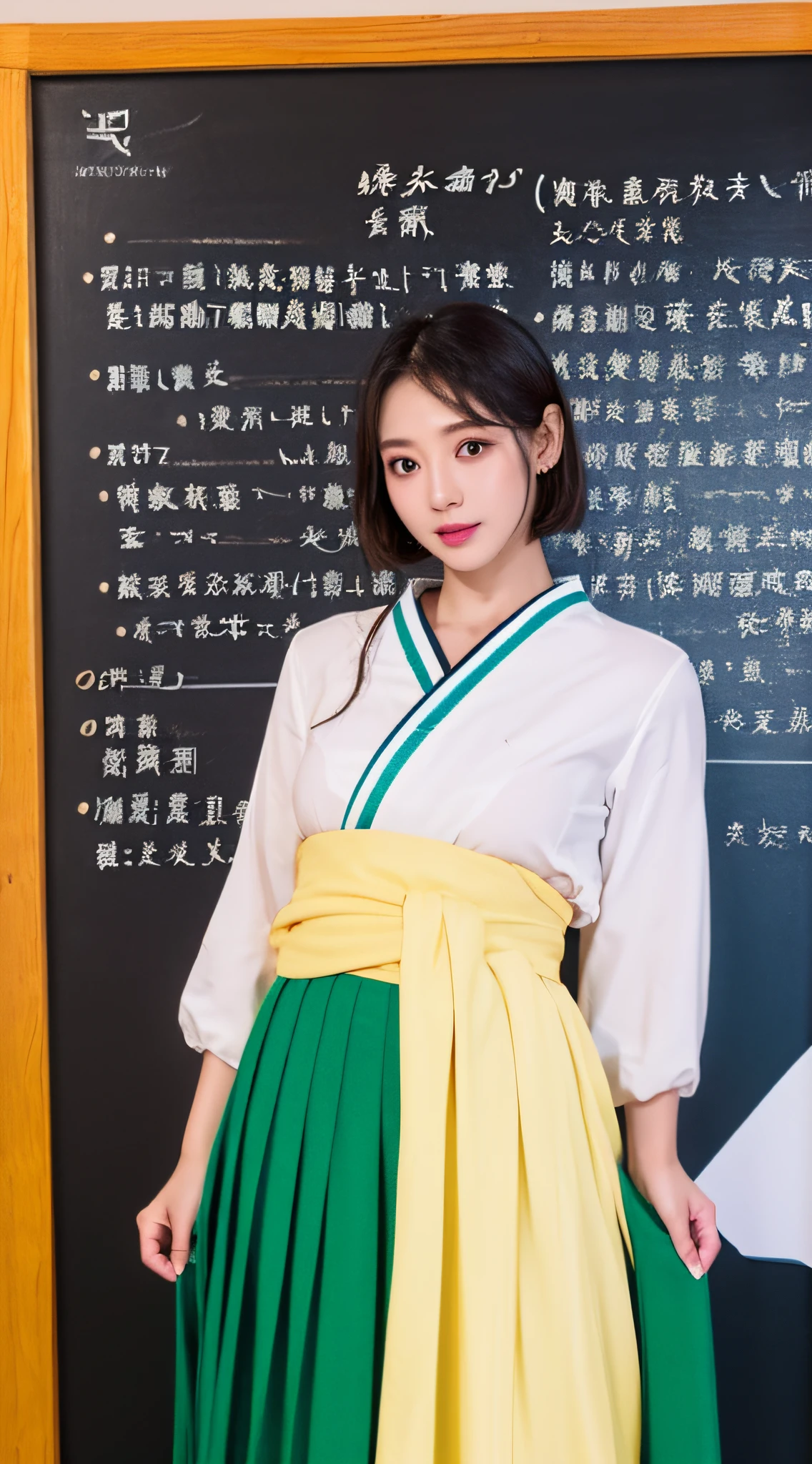 The blonde,Short hair details,JK school uniform,Classroom,In front of the blackboard,Sexy pose photo realistic, 动态照明, art stations, poster for, Volumetriclighting, The facial details are particularly rich, 4K, Award-winning, 1 girl in, In the dark night, Depth shadows, humble, 校服, eye glass, (Formal attire: 1.4), Long gray hair,The focus should be on their meticulous eyes, Open lips, and faces (beautidful eyes, beautiful detailed lips, Extremely detailed eyes and face, Long eyelashes) Ensures the resulting image reflects its true beauty. Lighting should enhance the overall atmosphere, Create a realistic and captivating scene.