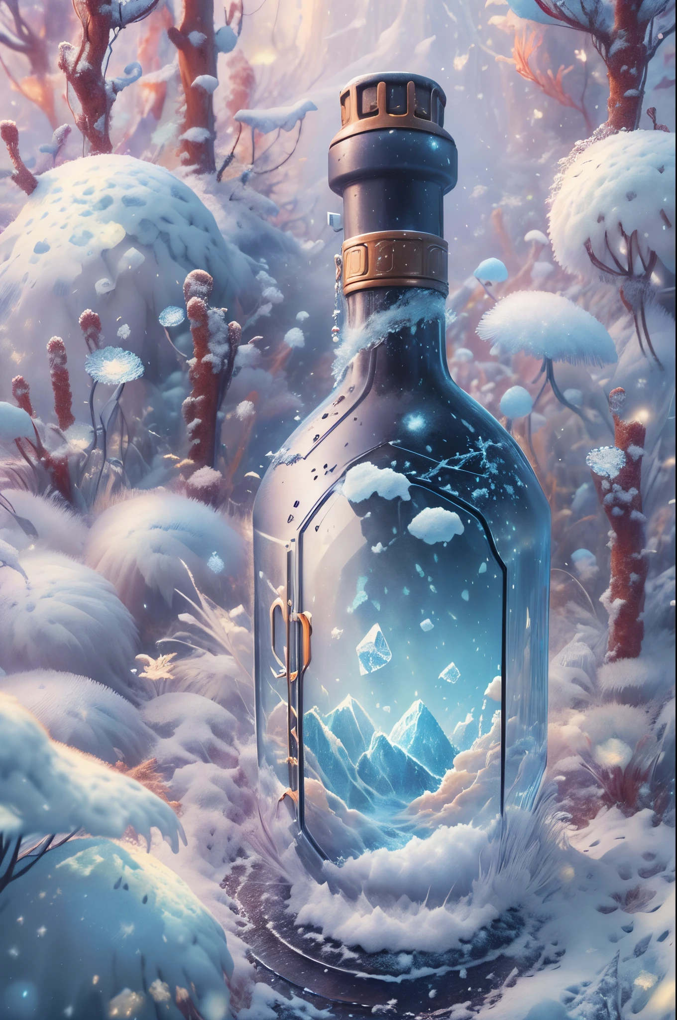 There is a bottle on the snow,There are white snow and snowflakes made of clear crystal inside,digital painting very detailed,highly detailed digital painting,detailed painting 4 k,Anime art wallpaper 4k,Anime art wallpaper 4k,Anime art wallpaper 8K,very detailed digital painting,beautiful digital painting,A beautiful artistic illustration,Beautiful digital artwork,Beautiful Art Ultra HD 4K, very detailed illustration
