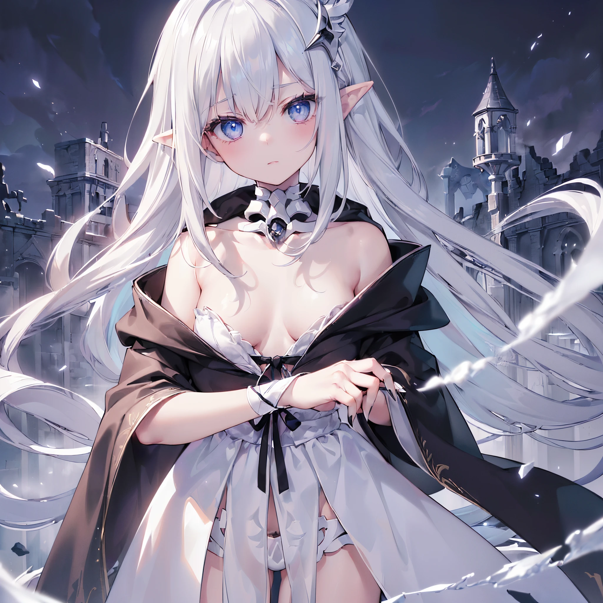 (8K, Best quality at best, tmasterpiece:1.2),\(Eyes detailed\),\(facial feature\),(\(Clothes detail details\)\),Upper part of the body(surface focus) ,Very detailed CG unified 8k wallpaper,hugefilesize,ultra - detailed,A high resolution,Huang Li,beautidful eyes,ray traycing,Dramatic shadows,Detailed pubic hair,dramatic angles,hyper-detailing,(1 girl:1.3),(Alone),Little girl,(change:1.2),White hair,Cyan eyes,glowing light eyes,long and pointed ears,(A Necromancer:1.2),thin,Small under the chest,The faintly visible collarbone,(Wears a black hooded cloak:1.2)+(Gray Torn Mage Robes:1.2).(Skeleton ornaments:1.2),Holding skull scepter in hand,(The white mist turned into the upper body of a skeleton and appeared next to the girl.:1.3),,(at evening),out door,moon full,The ruins of a Western-style mansion are in the background.,Purple morning glories on the ruins wall,Highly detailed western fantasy background