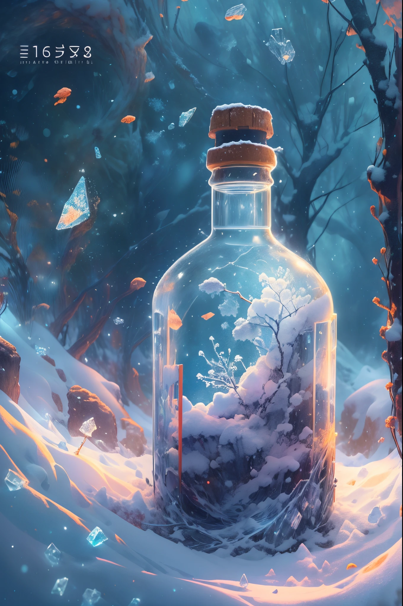 There is a bottle on the snow,There are white snow and snowflakes made of clear crystal inside,digital painting very detailed,highly detailed digital painting,detailed painting 4 k,Anime art wallpaper 4k,Anime art wallpaper 4k,Anime art wallpaper 8K,very detailed digital painting,beautiful digital painting,A beautiful artistic illustration,Beautiful digital artwork,Beautiful Art Ultra HD 4K, very detailed illustration