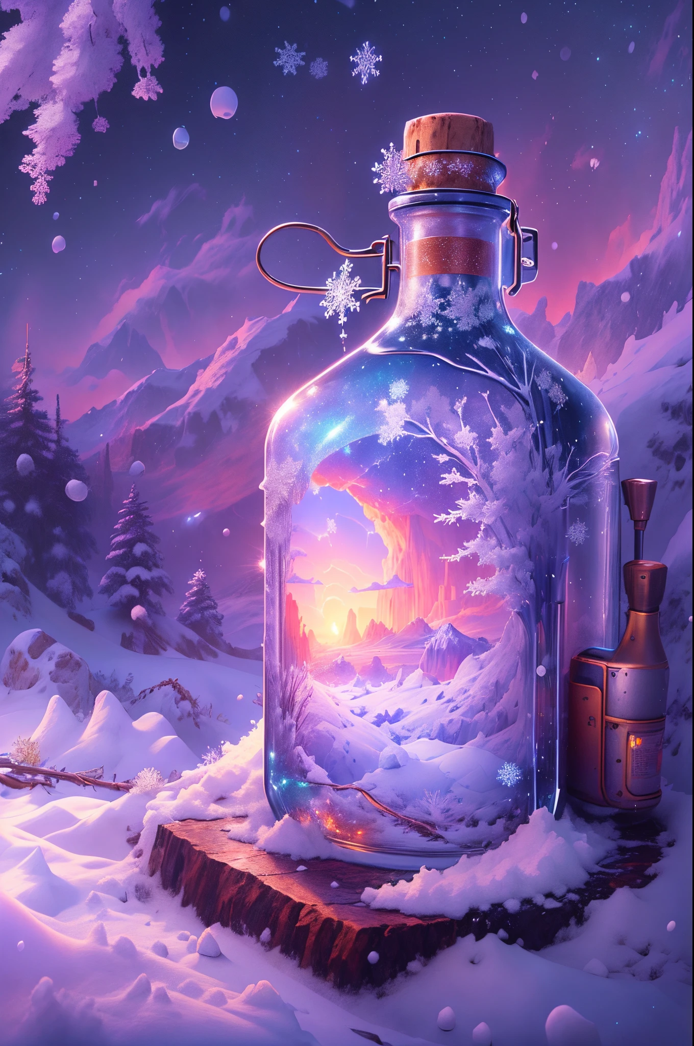 There is a bottle on the snow,There are white snow and snowflakes made of clear crystal inside,digital painting very detailed,highly detailed digital painting,detailed painting 4 k,Anime art wallpaper 4k,Anime art wallpaper 4k,Anime art wallpaper 8K,very detailed digital painting,beautiful digital painting,A beautiful artistic illustration,Beautiful digital artwork,Beautiful Art Ultra HD 4K, very detailed illustration