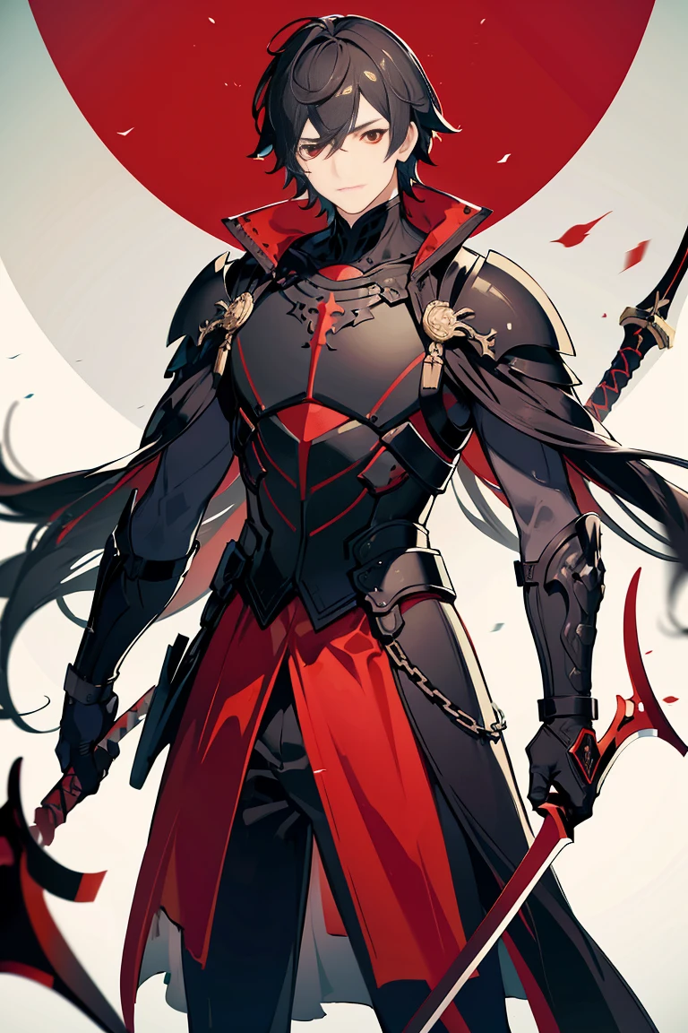 The Dark Knight,Red eyes,holding a red and black sword,He wore black armor covering every part of his body...,man,black hair with bangs