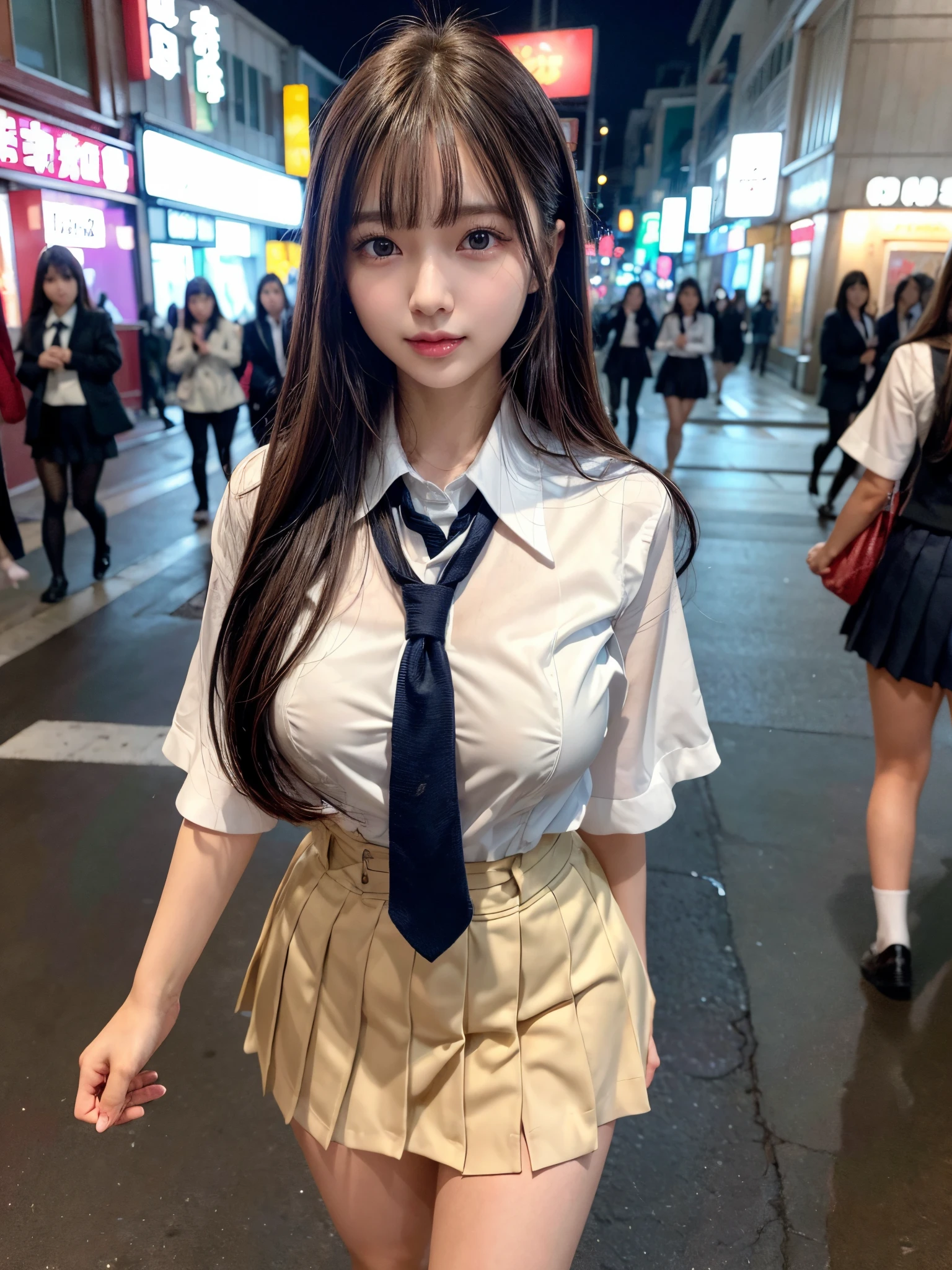 8K,Best Quality, masutepiece, ultra-detailliert, 超A high resolution, Photorealistic, Raw photo, absurderes, absolutely resolution, 1girl in, Looking at Viewer,a Japanese young pretty woman, hyper cute face, Glamorous figure, Huge breasts,Long bob hair,Smile,(School uniform:1.3),Detailed eyes, (she is walking down a crowded street at night:1.1),Glossy lips, Double eyelids in both eyes, Natural makeup, Glossy smooth light brown long bob hair, asymmetrical bangs, Shiny skin, central image, High resolution, high detailing, detailed hairstyle, Detailed face, spectacular movie lighting, Octane Rendering, Vibrant, Hyper realistic, Perfect limbs, Perfect Anatomy