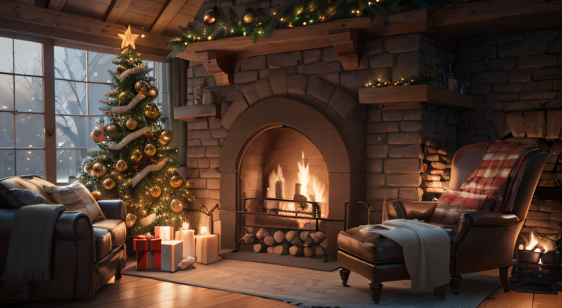 living room with fireplace and Christmas tree in the corner, cozy fireplace, A cozy place, Warm fireplace, Made on the Unreal engine, 8K)), VRAY 8K rendering, fireplace, 8K Vray rendering, cozy environment, VRAY 8K, Cozy enchanted scene, Made on the Unreal engine, Very realistic, Fireplace lighting, unreal engine realistic render