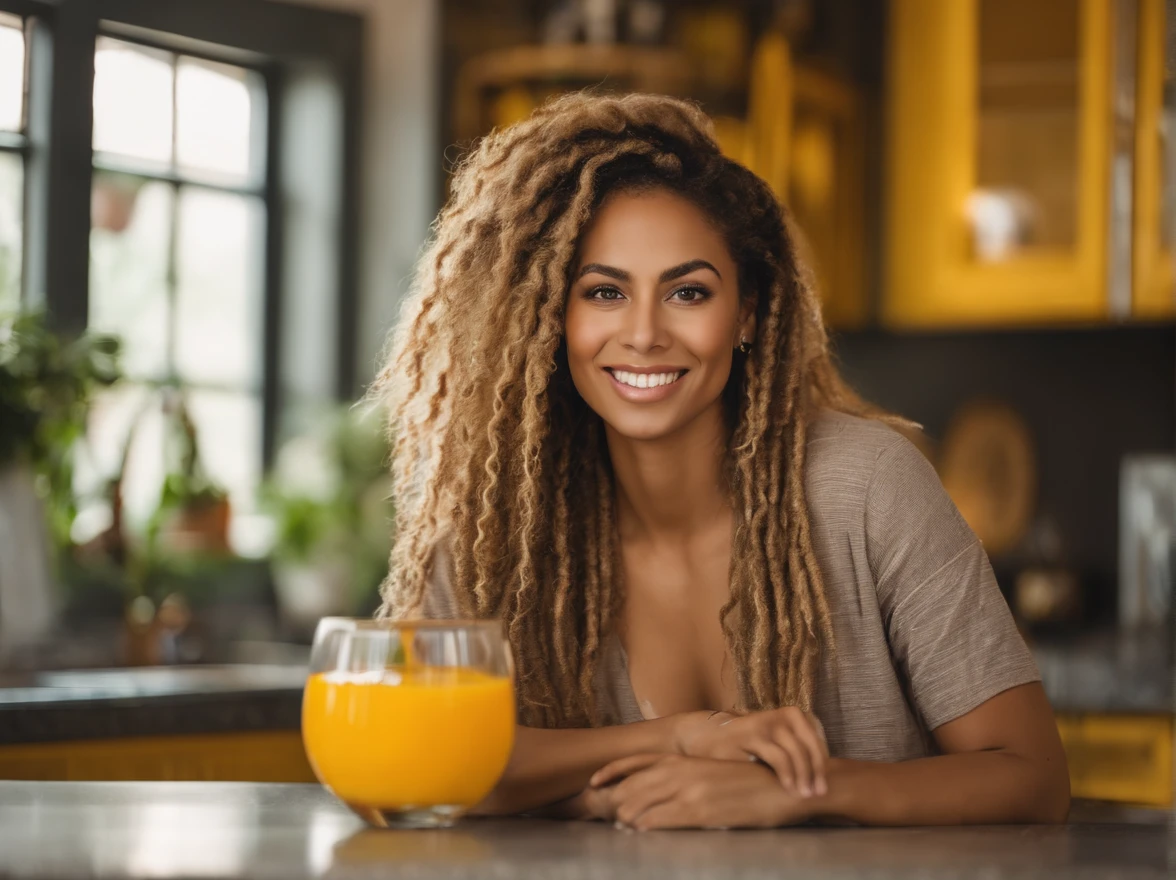 arafed woman with soft wavy boho dreadlocks with blonde highlight, photo of a beautiful woman, she has light caramel skin with yellow undertones, gorgeous woman, mixed-race woman, gorgeous beautiful woman, mixed race woman, with textured hair and skin, toned slender body, in a modern kitchen dressed a crop top making a smoothie