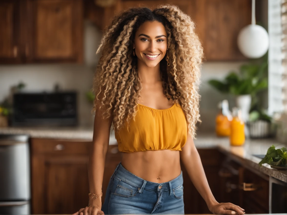 arafed woman with soft wavy boho dreadlocks with blonde highlight, photo of a beautiful woman, she has light caramel skin with yellow undertones, gorgeous woman, mixed-race woman, gorgeous beautiful woman, mixed race woman, with textured hair and skin, toned slender body, in a modern kitchen dressed a crop top making a smoothie