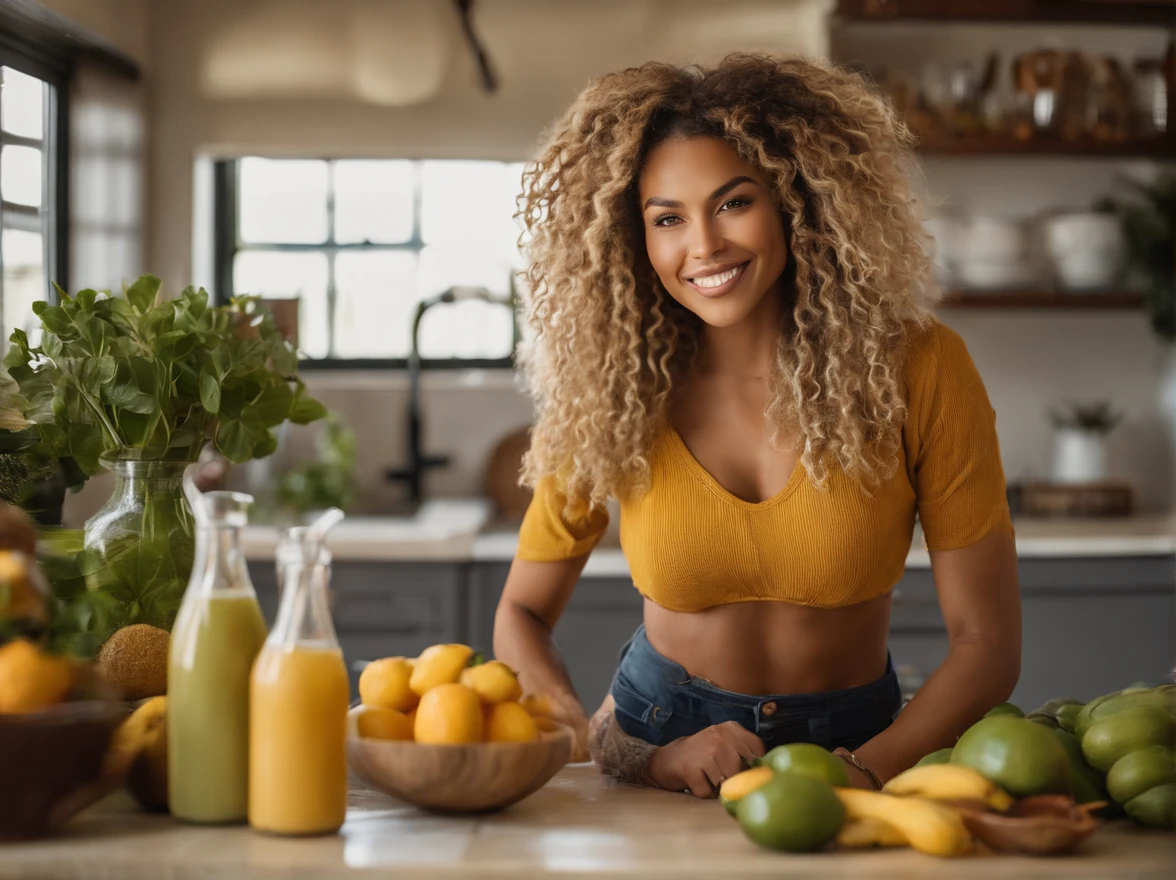 arafed woman with soft wavy boho dreadlocks with blonde highlight, photo of a beautiful woman, she has  light caramel skin with yellow undertones, gorgeous woman, mixed-race woman,  gorgeous beautiful woman, mixed race woman, with textured hair and skin, toned slender body, in a modern kitchen dressed a crop top making a smoothie