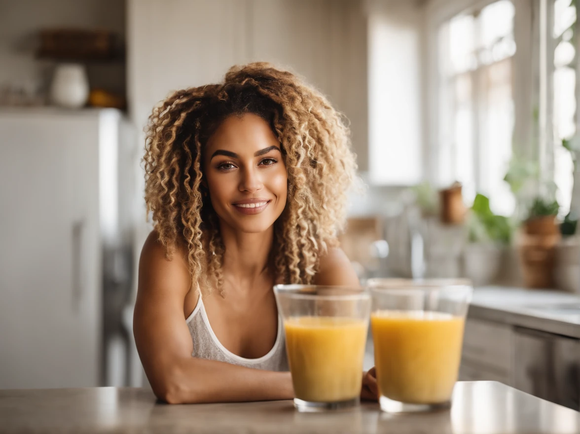 arafed woman with soft wavy boho dreadlocks with blonde highlight, photo of a beautiful woman, she has light caramel skin with yellow undertones, gorgeous woman, mixed-race woman, gorgeous beautiful woman, mixed race woman, with textured hair and skin, toned slender body, in a modern kitchen dressed a crop top making a smoothie