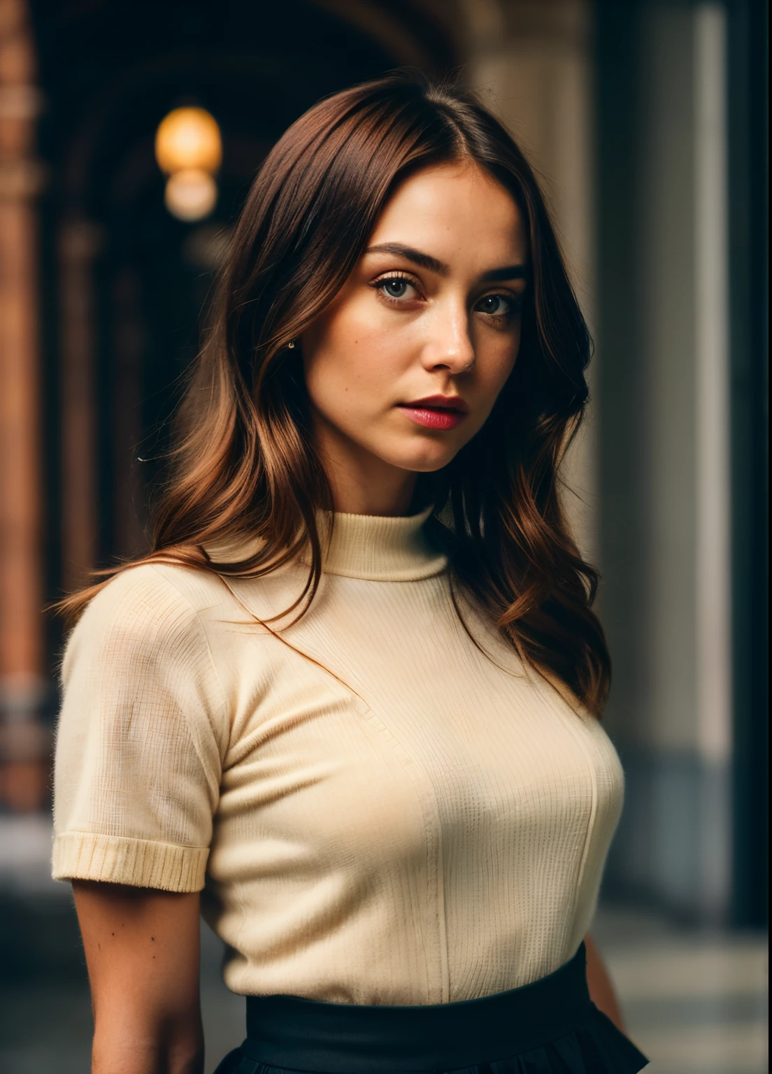 A stunning intricate full color portrait of (sks woman:1), in a black skirt, in full height, epic character composition, illya kuvshinov, Alessio Albi, nina masic, Sharp focus, natural lightin, sub-surface Scattering, f2, 35 mm, film grains,