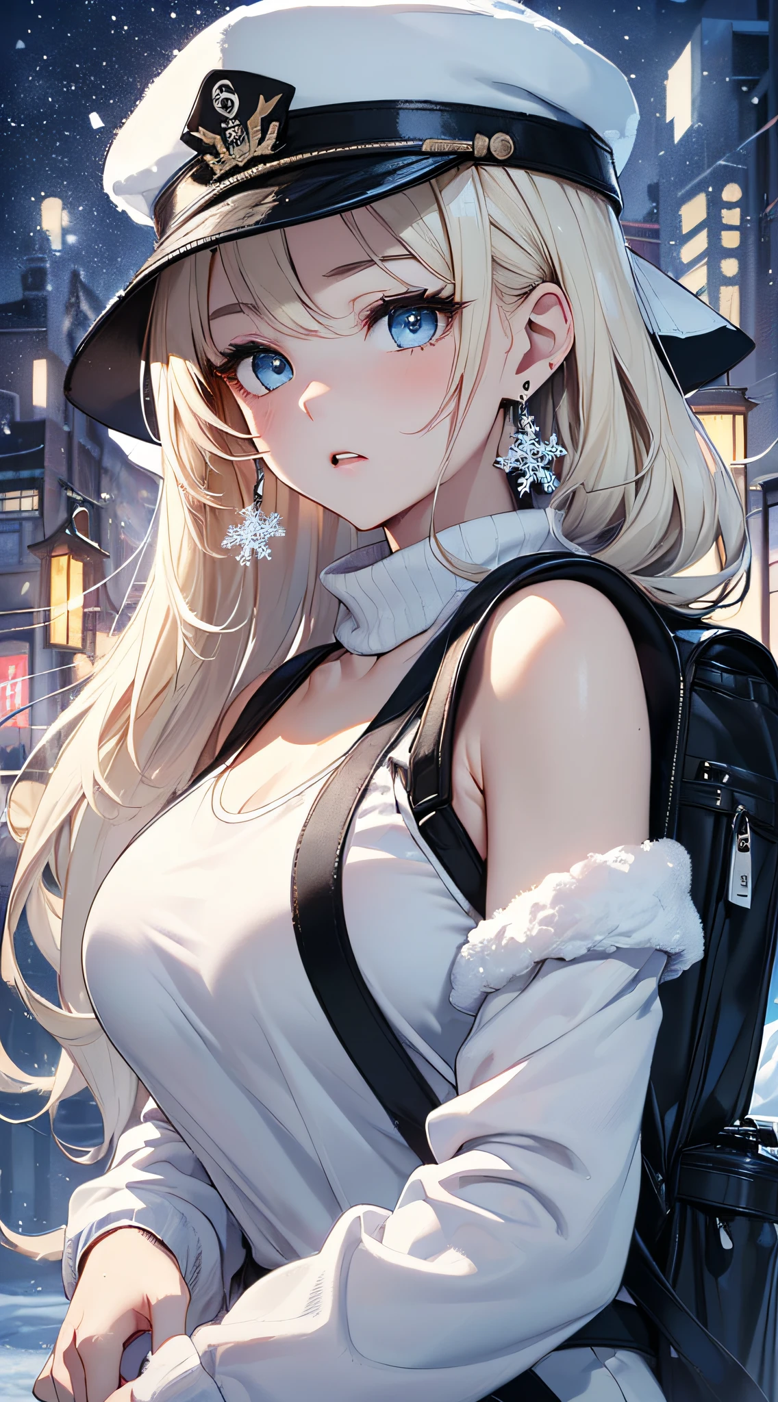 top-quality、Top image quality、​masterpiece、girl with((Black jacket、Blue tank top、White trousers、sixteen years old、teen ager、cute little、Best Bust、big bast,Beautiful light blue eyes、Breasts wide open, a blond、A slender,Large valleys、belligerent movements,military backpack、dye one's cheeks red、shivering、sapphire earrings、exhale white、Hats、holding lantern、close range、White breath)),hiquality、Beautiful Art、Background with((Ice Burn City at night、snowflakes falling、Heavy snow falls、snowman、ice tower)))、masutepiece、depth of fields,8K