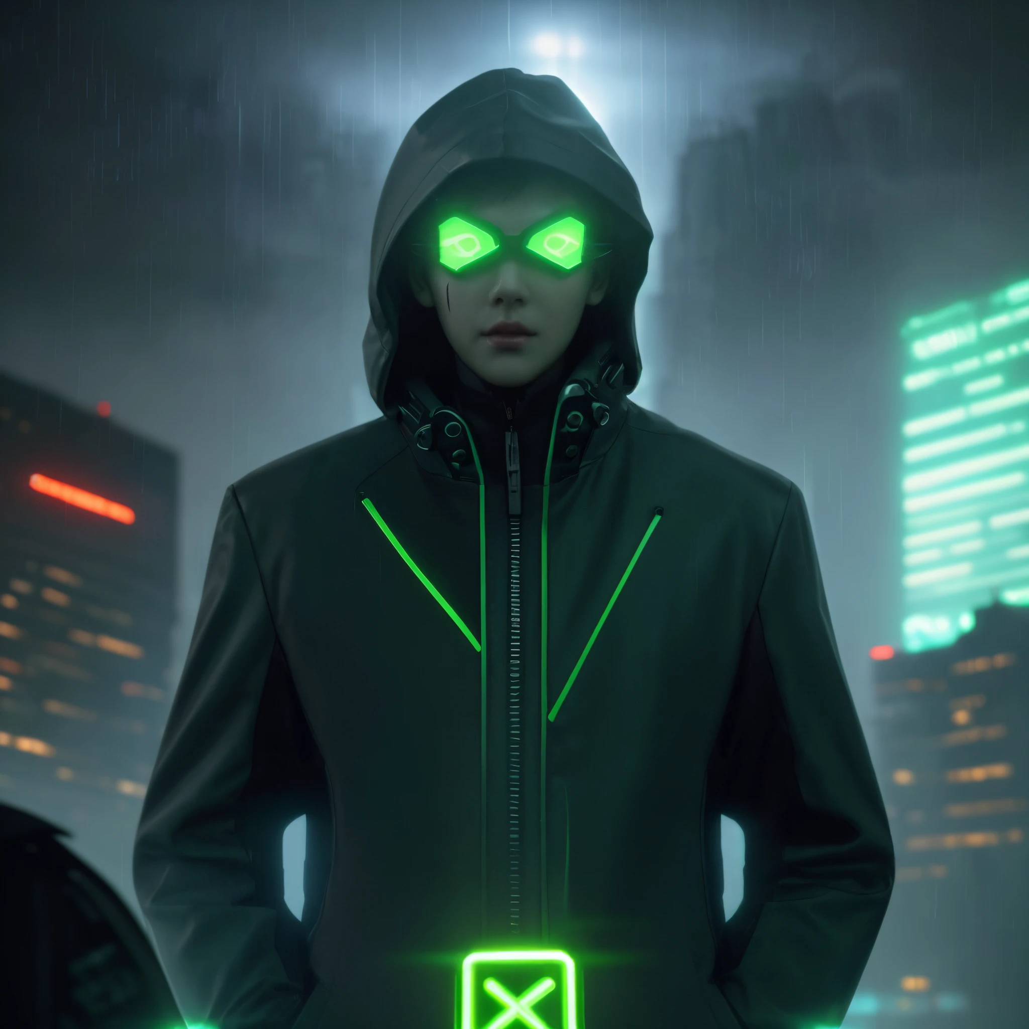 (best quality,4k,8k,highres,masterpiece:1.2),ultra-detailed,(realistic,photorealistic,photo-realistic:1.37),male character,hooded,cyberpunk,neon,mask,dark,detailed eyes,detailed lips,visibly glowing neon lights,gritty urban setting,nighttime cityscape,rain-soaked streets,pouring rain,shimmering reflections on wet pavement,heavy fog,ominous shadows,complex and intricate circuitry patterns,intense and vibrant color palette,blurry neon signs,electric blue and neon green hues,moody and atmospheric lighting,exaggerated perspective,long coat billowing in the wind,dystopian dystopia vibes,sleek and futuristic design,sharp and angular features,intense expression hidden under the mask,high-tech gadgets and implants in the background,glowing cybernetic enhancements,cybernetic eye implants,street-level perspective,high-rise buildings towering above,stylized graffiti and street art,imposing skyscrapers,hovering drones capturing the scene,energetic and dynamic composition,artistically distorted and glitchy effects,enhanced with pixelated elements,digital noise overlay,electric currents running through the air,virtual reality elements blended with reality,city lights reflected in the character's eyes