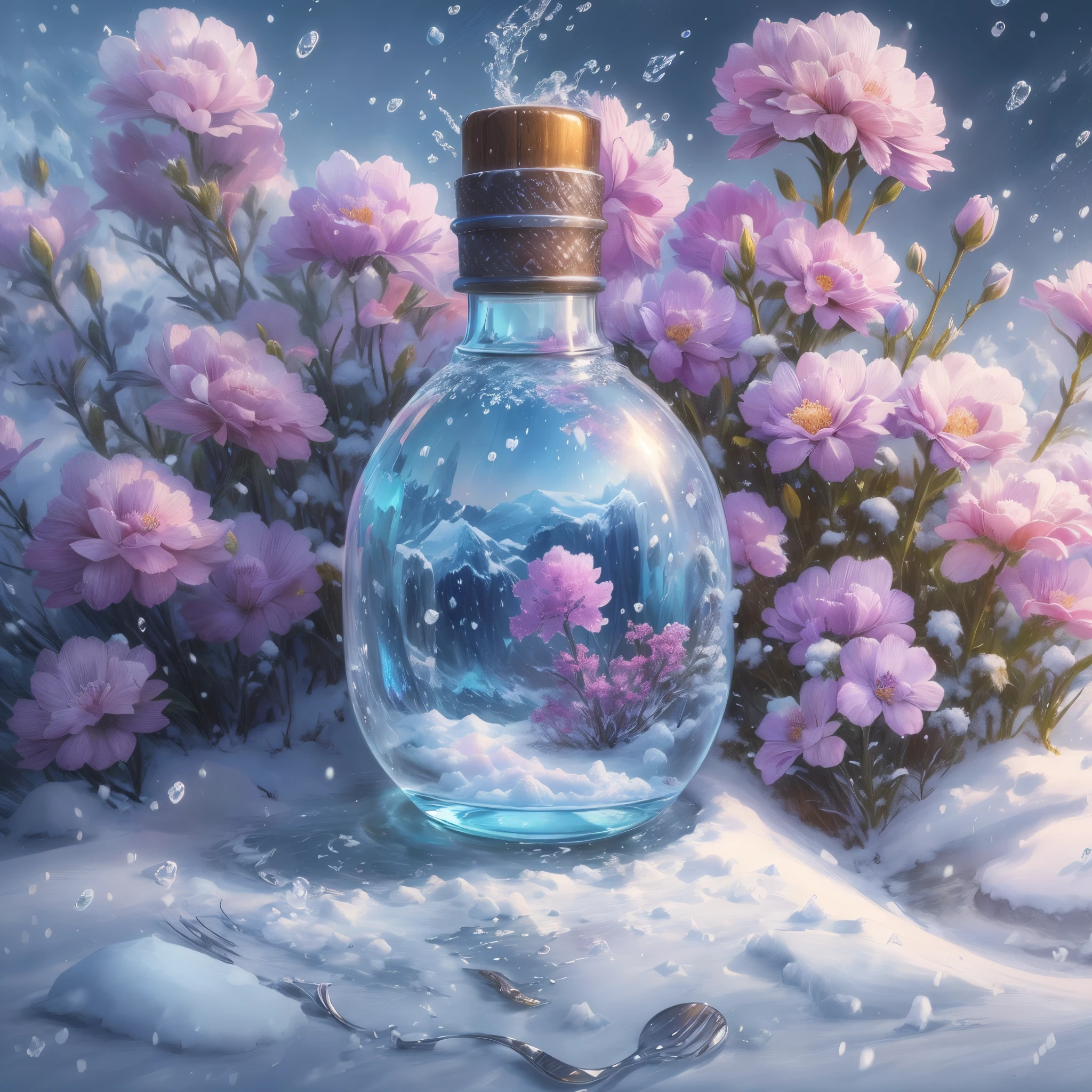 There is a bottle of water on the snow,There are snow and flowers inside,digital painting very detailed,highly detailed digital painting,detailed painting 4 k,Anime art wallpaper 4k,Anime art wallpaper 4k,Anime art wallpaper 8K,very detailed digital painting,beautiful digital painting,A beautiful artistic illustration,Beautiful digital artwork,Beautiful Art Ultra HD 4K, very detailed illustration
