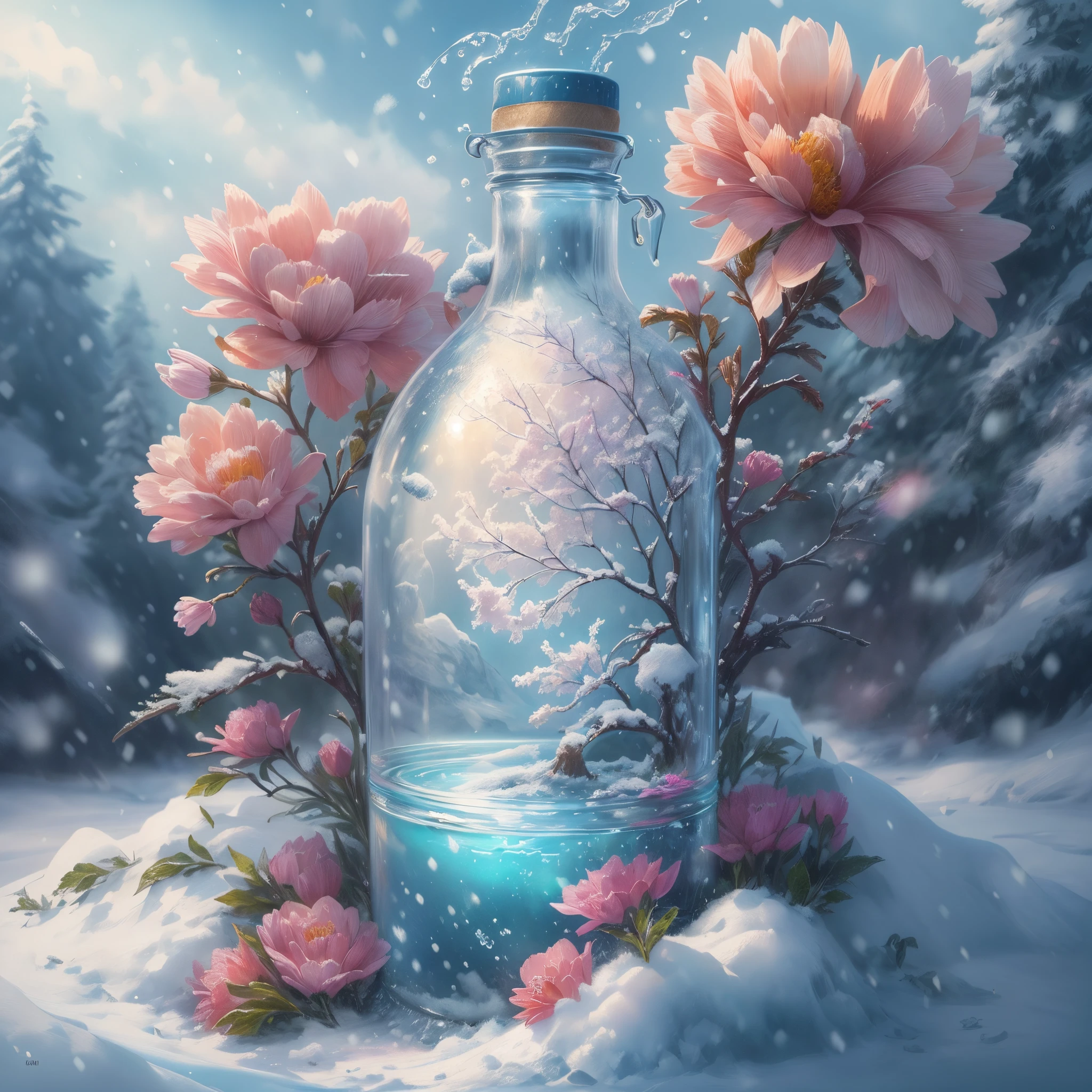 There is a bottle on the snow，There are white snow and snowflakes made of clear crystal inside，digital painting very detailed，highly detailed digital painting，detailed painting 4 k，Anime art wallpaper 4k，Anime art wallpaper 4k，Anime art wallpaper 8K，very detailed digital painting，beautiful digital painting，A beautiful artistic illustration，Beautiful digital artwork，Beautiful Art Ultra HD 4K， very detailed illustration