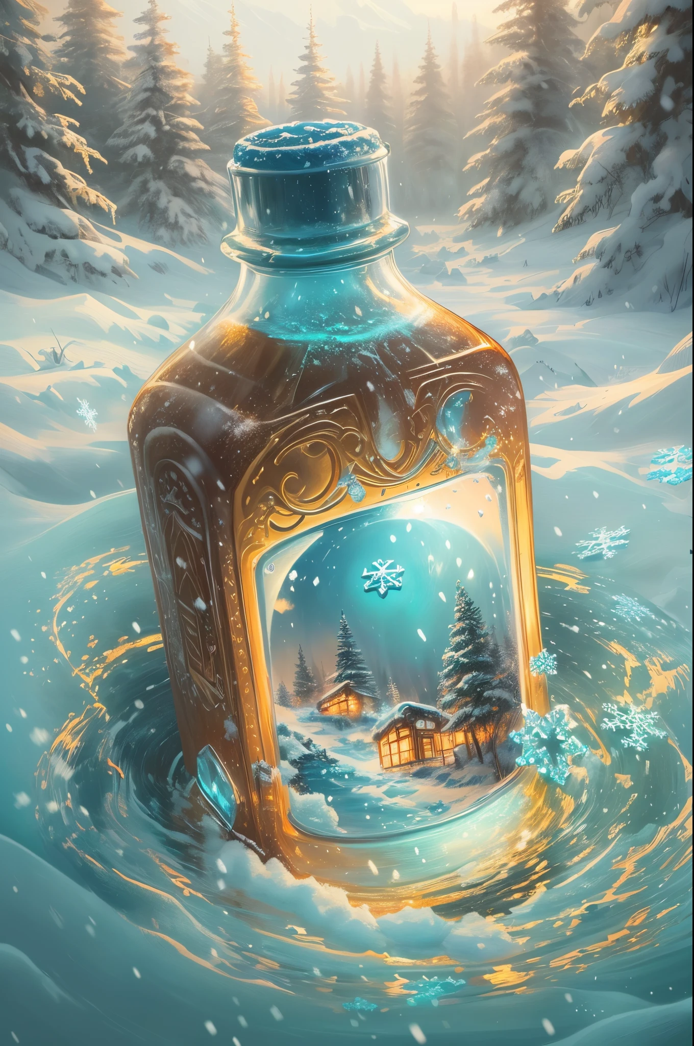 There is a bottle on the snow，There are white snow and snowflakes made of clear crystal inside，digital painting very detailed，highly detailed digital painting，detailed painting 4 k，Anime art wallpaper 4k，Anime art wallpaper 4k，Anime art wallpaper 8K，very detailed digital painting，beautiful digital painting，A beautiful artistic illustration，Beautiful digital artwork，Beautiful Art Ultra HD 4K， very detailed illustration