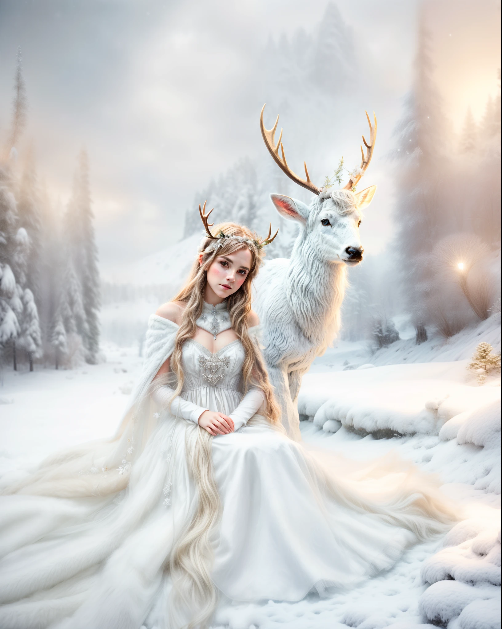 (Girl sitting in white++++++ dress with reindeer in the snow), (((((a cape made of deer skin falls from the shoulder into the foreground+++++))))), ((((the cape transitions smoothly into a snowdrift: 1,75 )))))), (put the deer's head on its side+++), (((graceful horns on the head))), Fantasy photography, fantasy matte painting, ((((Volume++)))), lost in a dreamy fairy landscape, The White Witch, Young woman with horns, beautiful nordic woman, with white deer, Realistic fantasy, photograph of pale ivory skin, Monia Merlo Placeholder Image, emma watson as the queen of ice
