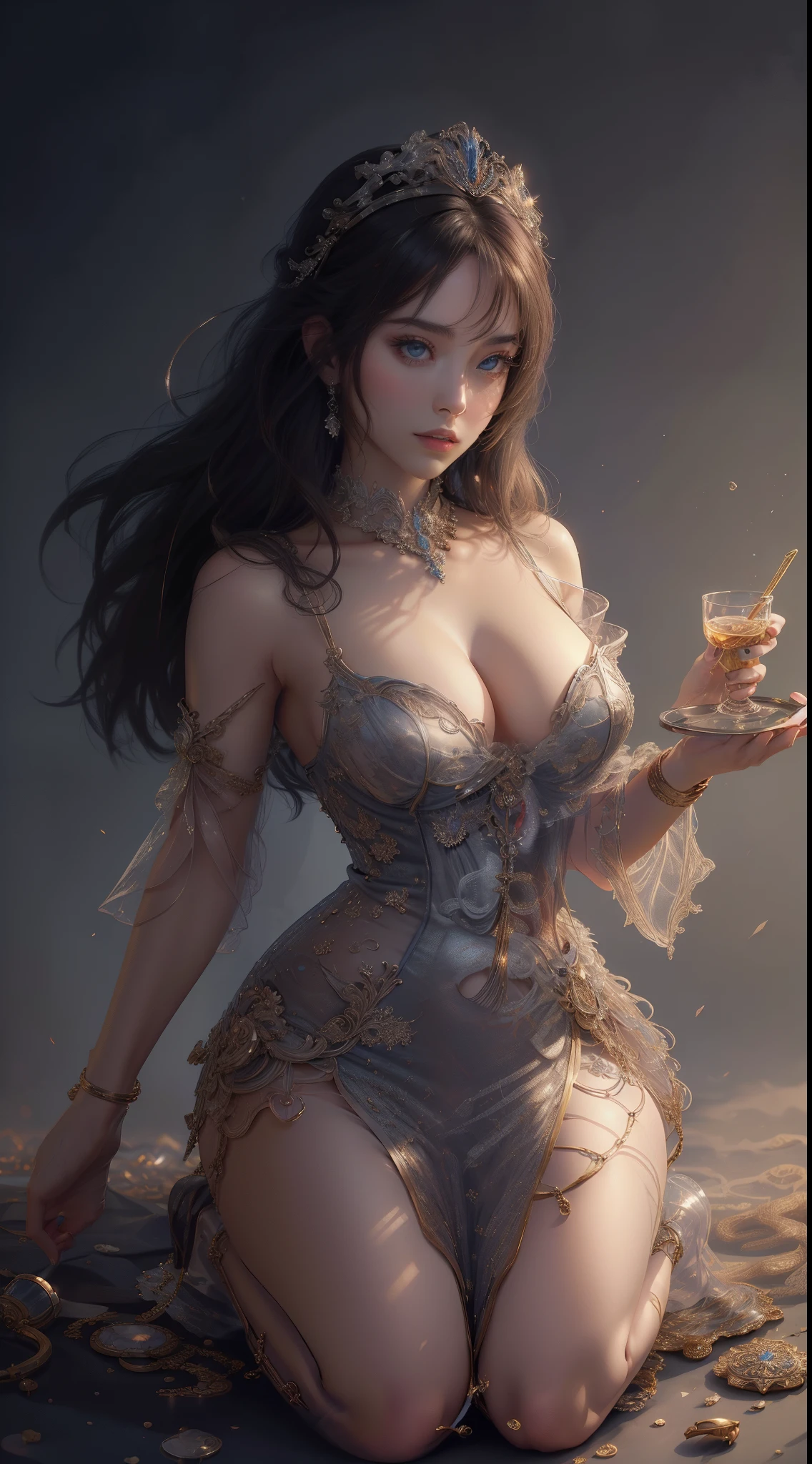 tmasterpiece,Highest image quality,Beautiful kneeling posture of slave girl,sophisticated haircut,Clear eyes,Collar,fur clothes,Ultra-detailed details,advanced。At the Pixiv Art Station,Break your own power,Luigi,Big breasts exposing cleavage,R-18G
