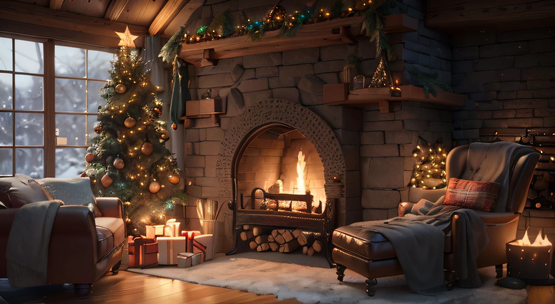 living room with fireplace and Christmas tree in the corner, cozy fireplace, A cozy place, Warm fireplace, Made on the Unreal engine, 8K)), VRAY 8K rendering, fireplace, 8K Vray rendering, cozy environment, VRAY 8K, Cozy enchanted scene, Made on the Unreal engine, Very realistic, Fireplace lighting, unreal engine realistic render