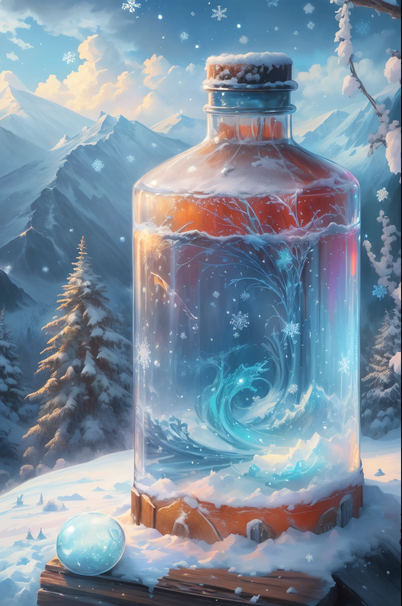 There is a bottle on the snow，There are white snow and snowflakes made of clear crystal inside，digital painting very detailed，highly detailed digital painting，detailed painting 4 k，Anime art wallpaper 4k，Anime art wallpaper 4k，Anime art wallpaper 8K，very detailed digital painting，beautiful digital painting，A beautiful artistic illustration，Beautiful digital artwork，Beautiful Art Ultra HD 4K， very detailed illustration