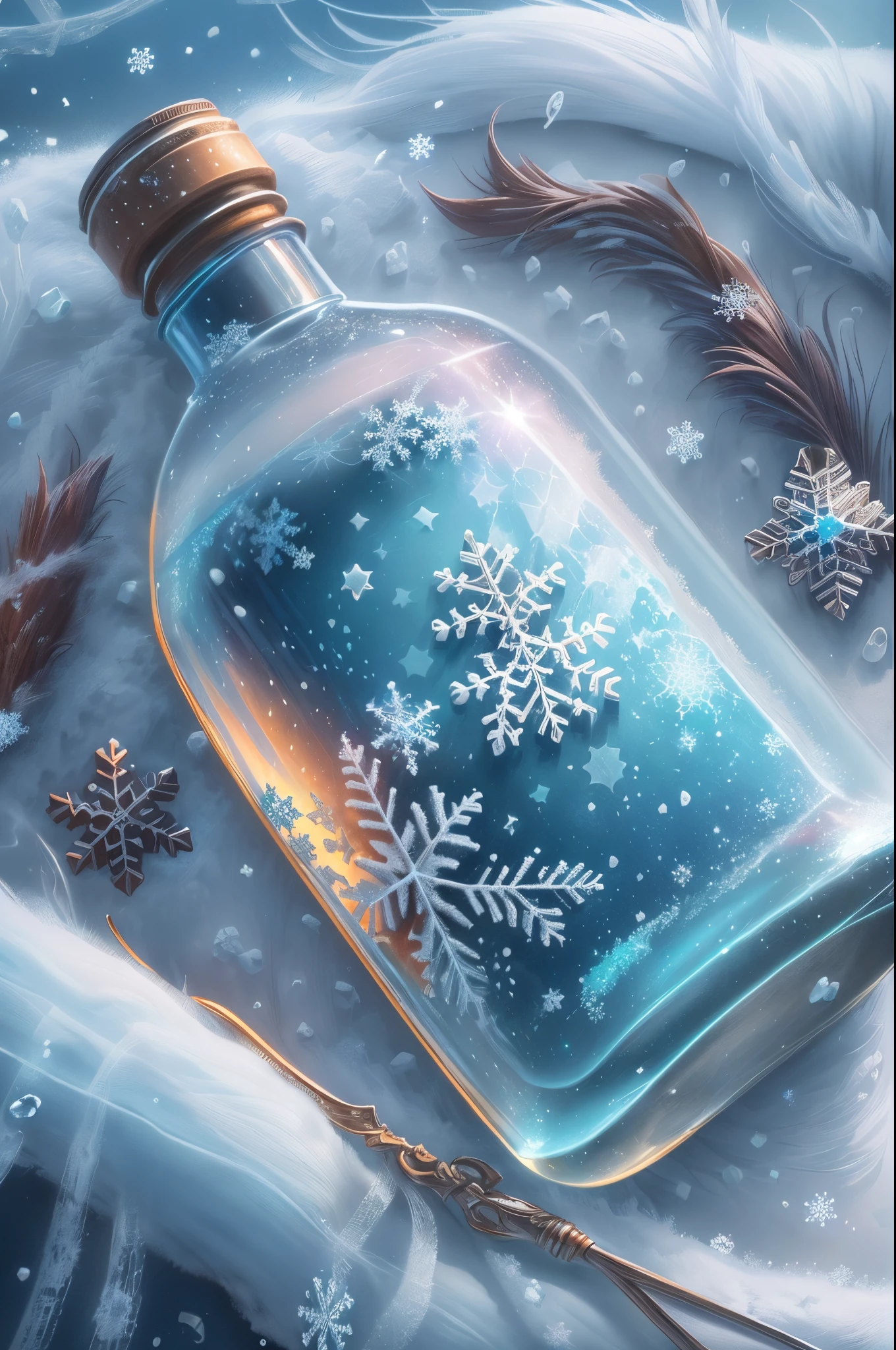 There is a bottle on the snow，There are white snow and snowflakes made of clear crystal inside，digital painting very detailed，highly detailed digital painting，detailed painting 4 k，Anime art wallpaper 4k，Anime art wallpaper 4k，Anime art wallpaper 8K，very detailed digital painting，beautiful digital painting，A beautiful artistic illustration，Beautiful digital artwork，Beautiful Art Ultra HD 4K， very detailed illustration