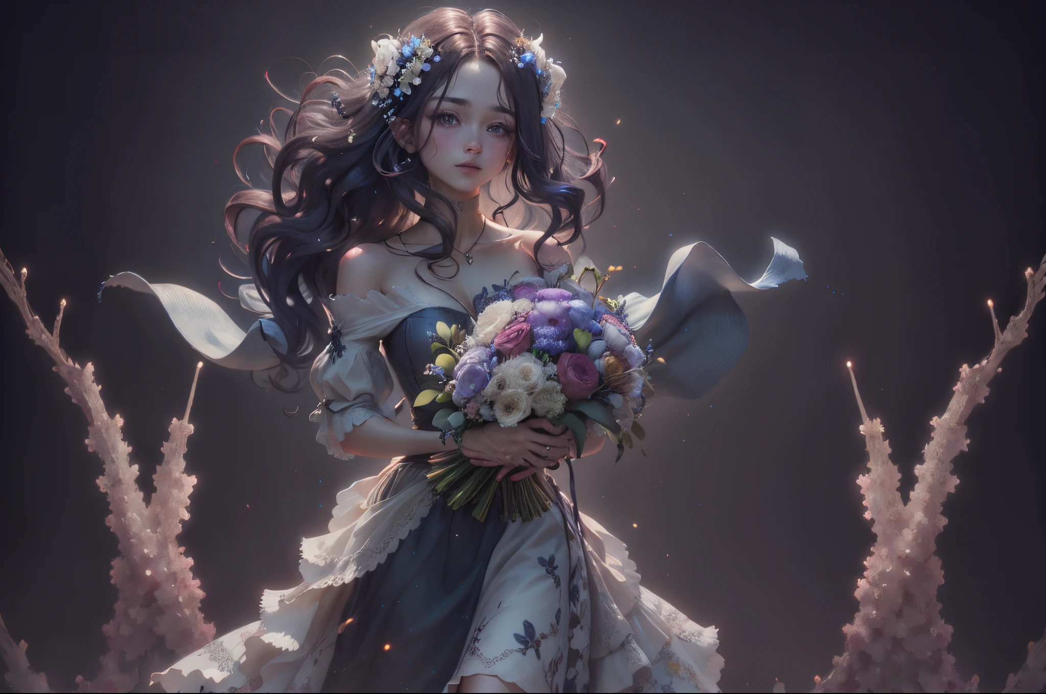 bobbed hair holding a bouquet of flowers