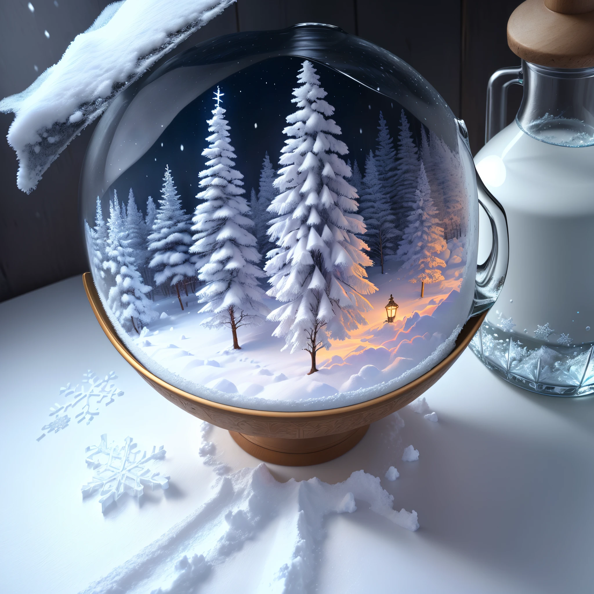 There is a bottle of water on the snow,There are snowflakes inside,digital painting very detailed,highly detailed digital painting,Detailed painting 4 K,Anime art wallpaper 4 K,Anime art wallpaper 4k,Anime art wallpaper 8k,very detailed digital painting,beautiful digital painting,a beautiful artwork illustration,beautiful digital artworks,Beautiful art UHD 4 K, highlydetailedillustrations