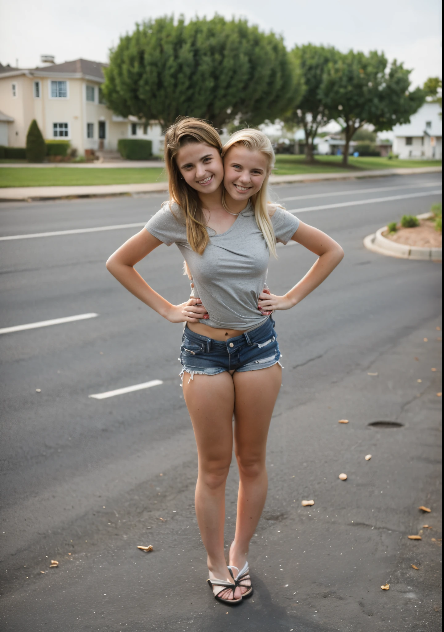 Two headed girl, (16 year old girl next to her 30 year old sister:1.5), (blonde:1.1)