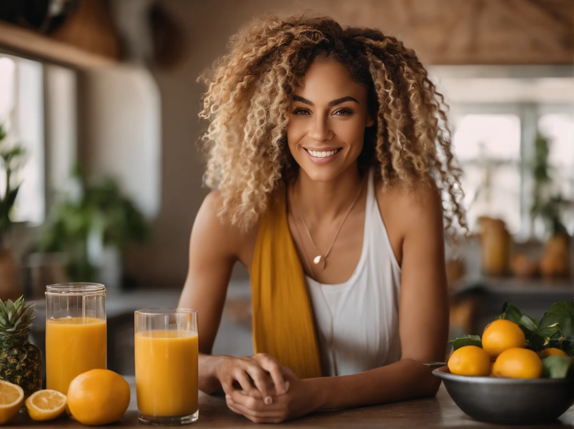 arafed woman with soft wavy boho dreadlocks with blonde highlight, photo of a beautiful woman, she has  light caramel skin with yellow undertones, gorgeous woman, mixed-race woman,  gorgeous beautiful woman, mixed race woman, with textured hair and skin, toned slender body, in a modern kitchen dressed a crop top making a smoothie