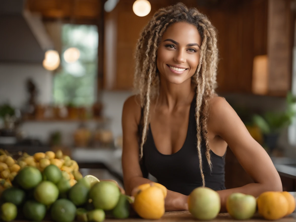 arafed woman with soft wavy boho dreadlocks with blonde highlight, photo of a beautiful woman, she has  light caramel skin with yellow undertones, gorgeous woman, mixed-race woman,  gorgeous beautiful woman, mixed race woman, with textured hair and skin, toned slender body, in a modern kitchen dressed a crop top making a smoothie