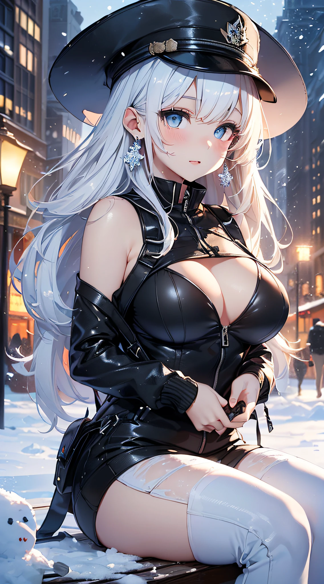 top-quality、Top image quality、masterpiece、girl with((Black jacket、Blue tank top、White trousers、、teen ager、cute lit Bust、big bast,Beautiful light blue eyes、Breasts wide open, a blond、A slender,Large valleys、belligerent movements,military backpack、dye one's cheeks red、shivering、sapphire earrings、Hats、holding lantern、close range、White breath、sit on a bench、Laugh、Holding a gun)),hiquality、Beautiful Art、Background with((Ice Burn City at night、snowflakes falling、Heavy snow falls、snowman、ice tower)))、masutepiece、depth of fields,8K