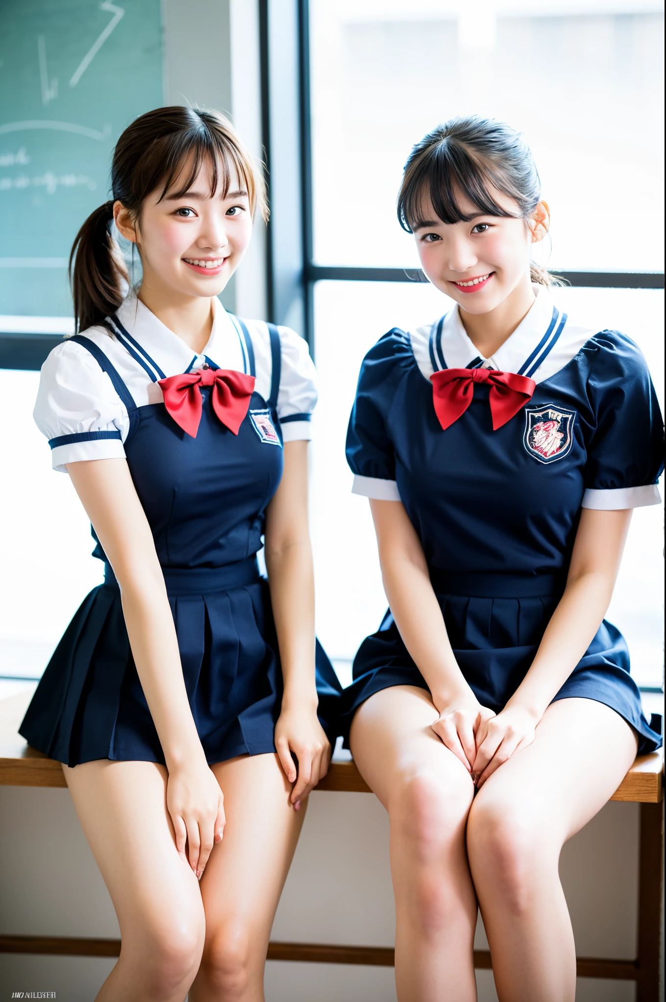 girls in school classroom,short-sleeved white swimsuit with navy blue frill skirt,red bow tie,18-year-old,bangs,a little smiles,thighs,knees,crotch,low ponytail,from below