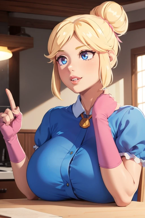 独奏, a 1girl, Piper, ssmile, teeth, (gigantic breasts), (hand on lips:1.2), blonde woman, hair bun, blue dress, puffy short sleeves, pink fingerless gloves, kitchen, on the table, BREAK (Masterpiece:1.2), Best Quality, High Resolution, Unity 8k壁纸, (illustartion:0.8), (pretty eyes:1.6), extremely detailed face, perfect  lighting, extremely detailed CGI, (Perfect fingers, perfect anatomy)