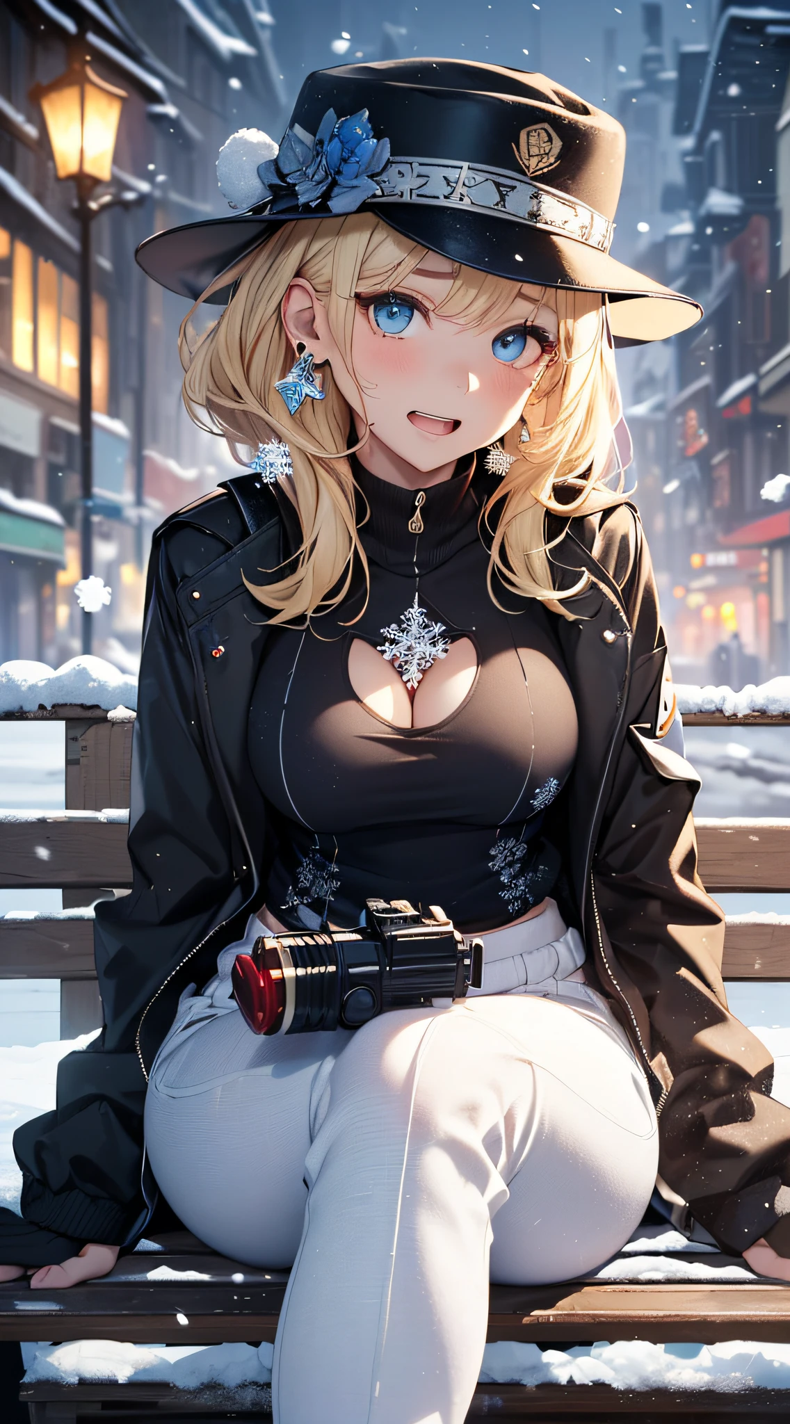 top-quality、Top image quality、masterpiece、girl with((Black jacket、Blue tank top、black trousers、sixteen years old、teen ager、cute little、Best Bust、big bast,Beautiful light blue eyes、Breasts wide open, a blond、A slender,Large valleys、belligerent movements,red backpack、dye one's cheeks red、shivering、sapphire earrings、exhale white、Hats、holding lantern)),hiquality、Beautiful Art、Background with((Ice Burn City at night、snowflakes falling、Heavy snow falls)))、masutepiece、depth of fields,8K