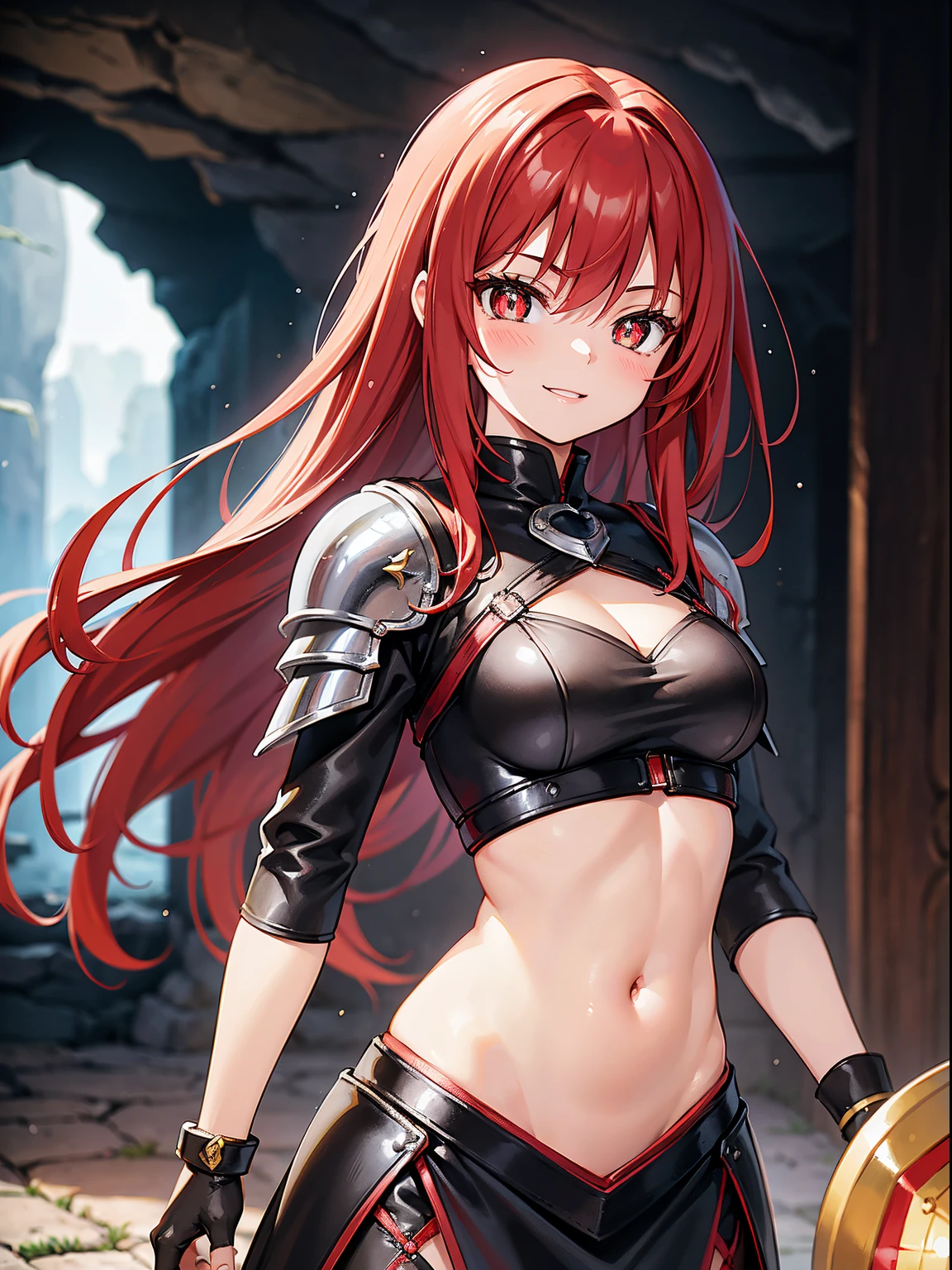 ((masterpiece,Highest quality:1.3)),cowboy shot,1woman,30 year old beauty,独奏,((very small head:1.2)),red hair,long hair,low ponytail,blunt bangs,red eyes,gorgeous eyes,shy,medium breasts,((very long body:1.2)),((toned body,slender body,skinny)),gleaming skin,shiny skin,sweat,iron bikini armor、Iron Gauntlets、Wet crotch、sitting,Large bed、Large bedroom、Medieval Europe、